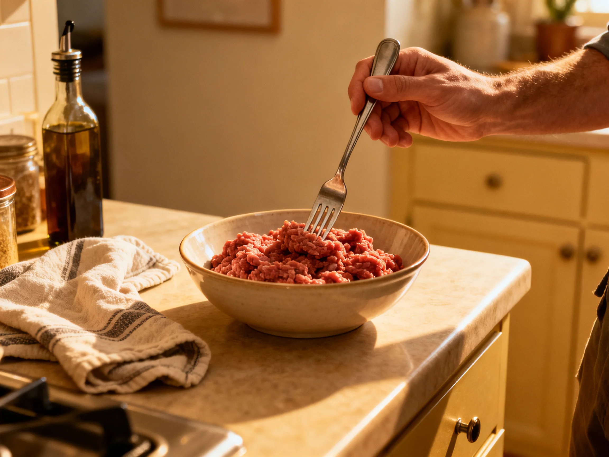 A hand stirs raw ground beef in a bowl near kitchen cabinets