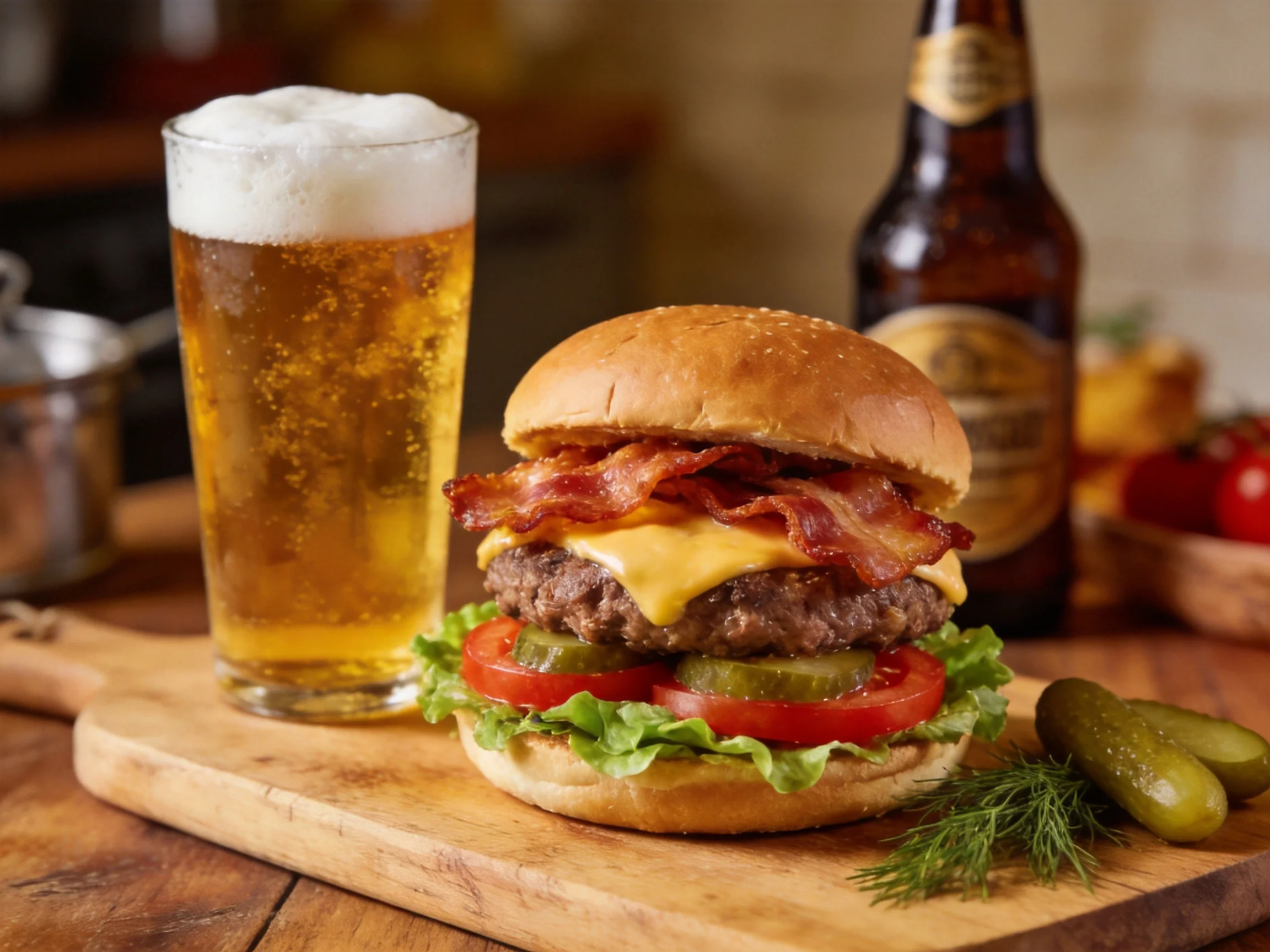 A hearty bacon cheeseburger with golden beer on a wooden board