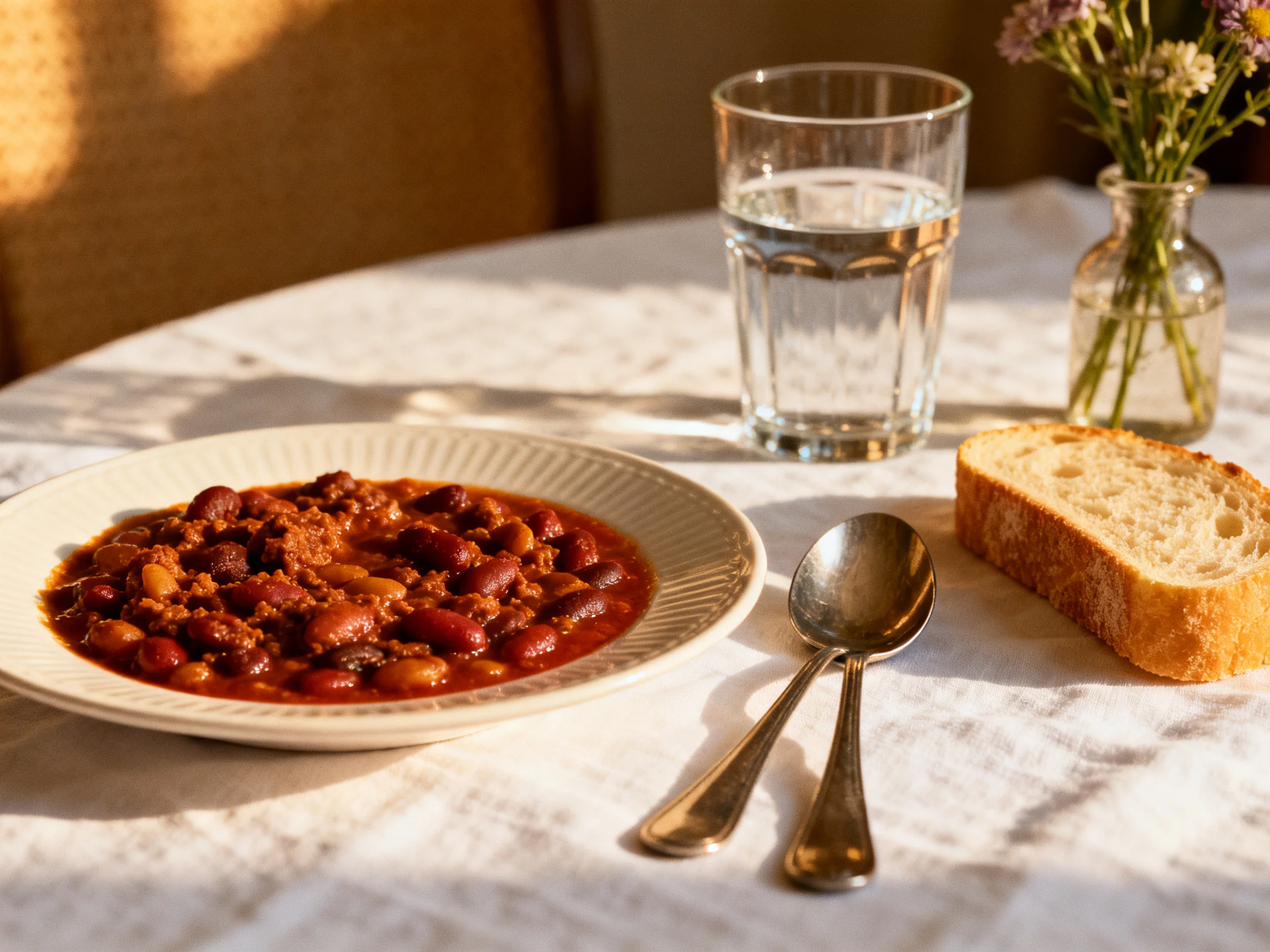 A hearty bean chili with crusty bread and clear water