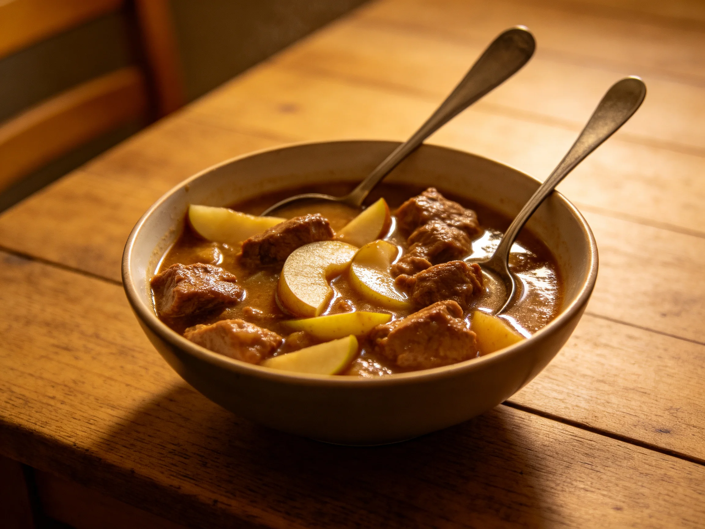 A hearty beef and apple stew in a ceramic bowl on a wooden table