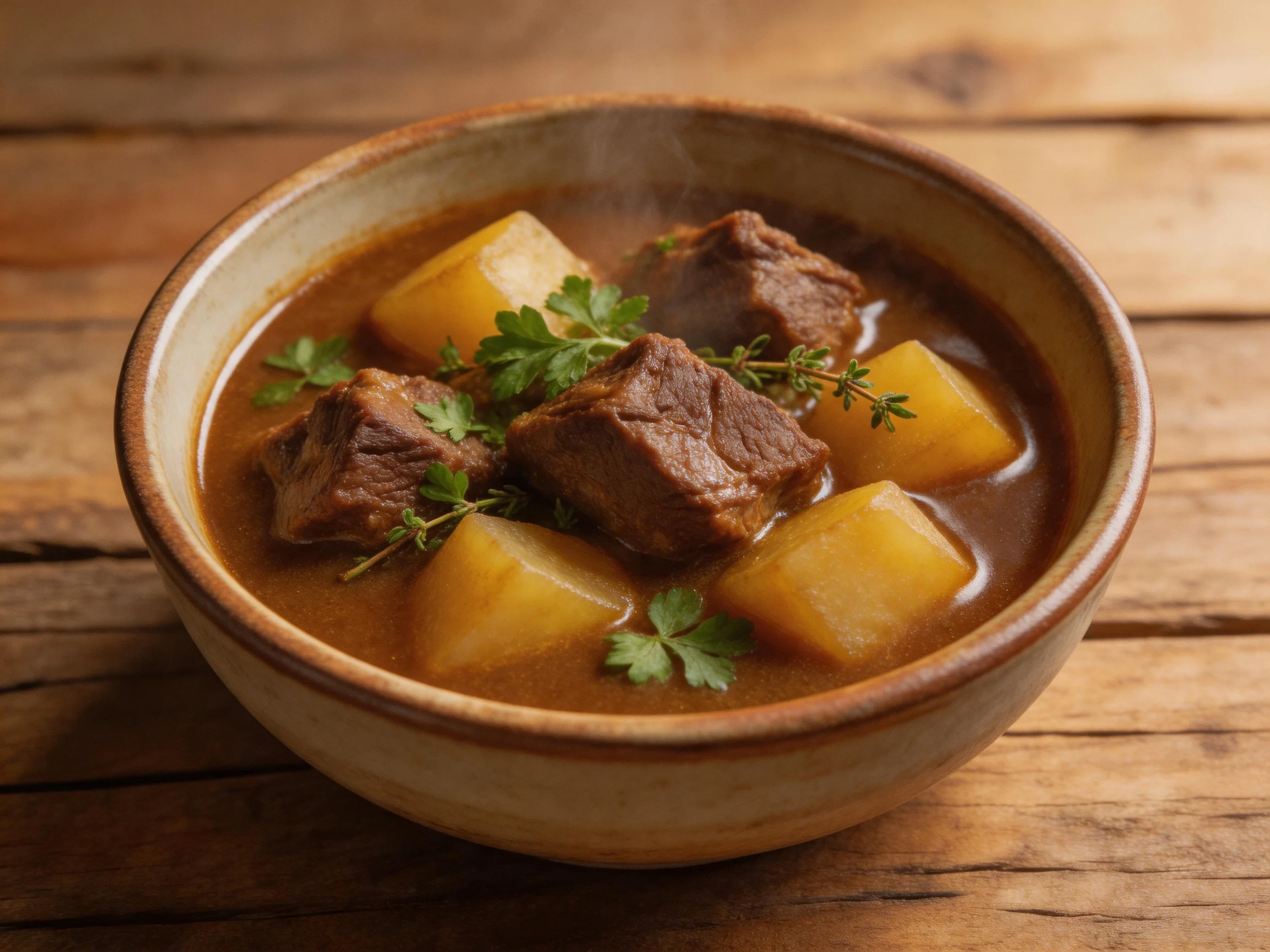 A hearty beef and potato stew in a rustic ceramic bowl