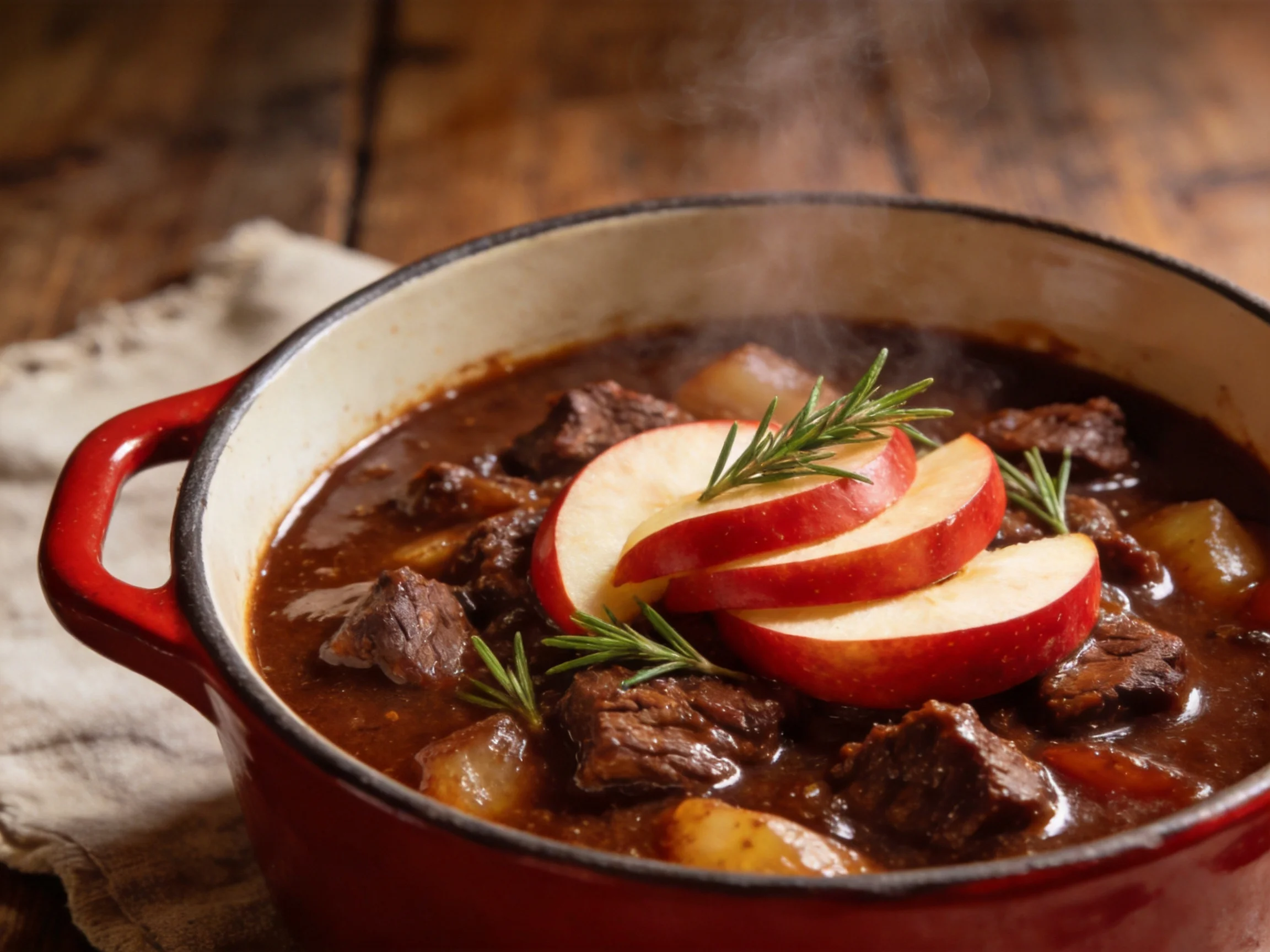 A hearty beef stew with apple slices and rosemary in a red pot