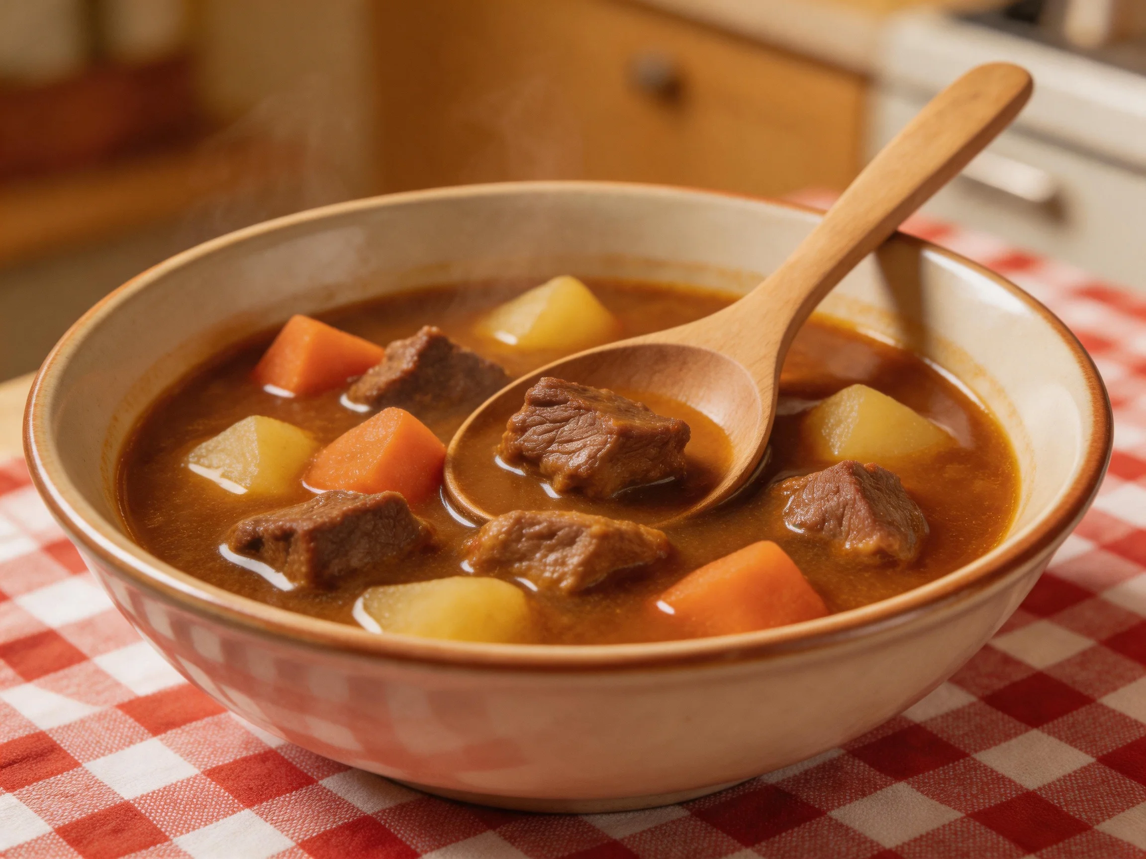 A hearty beef stew with carrots and potatoes in a ceramic bowl
