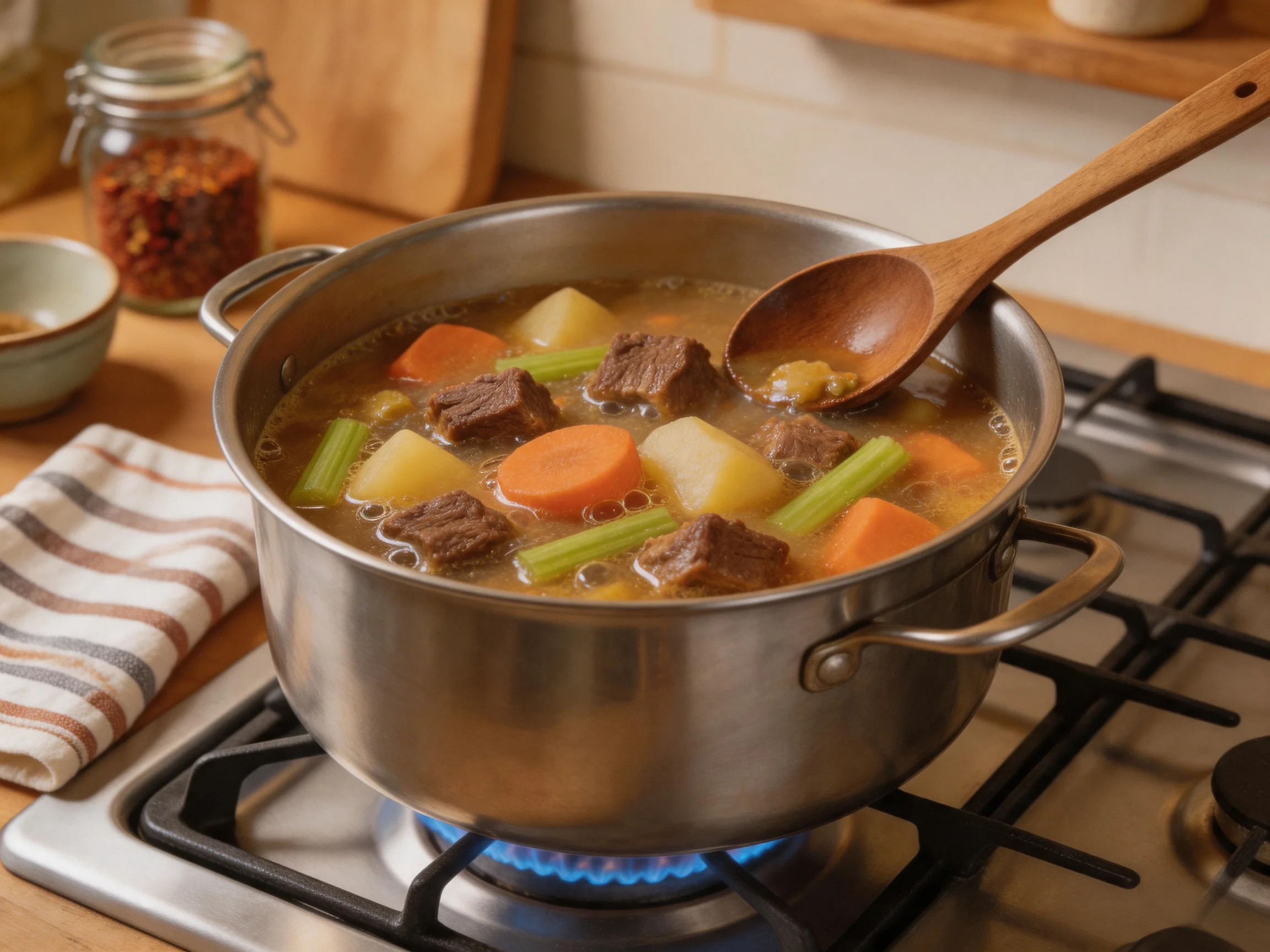 A hearty beef stew with carrots, celery, and potatoes boiling in a stainless steel pot
