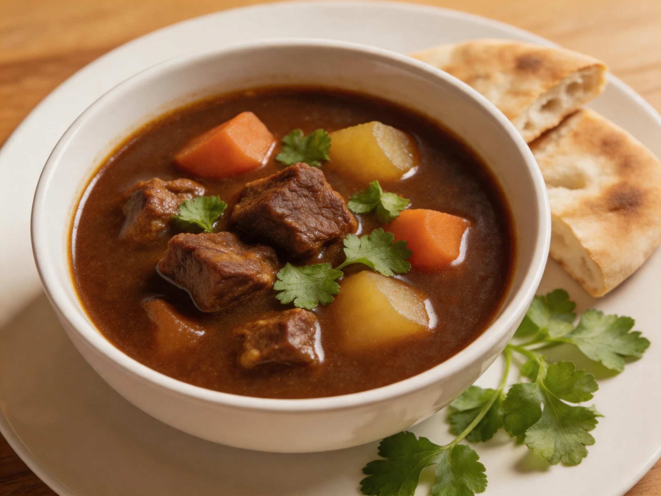 A hearty beef stew with carrots, potatoes, and naan bread