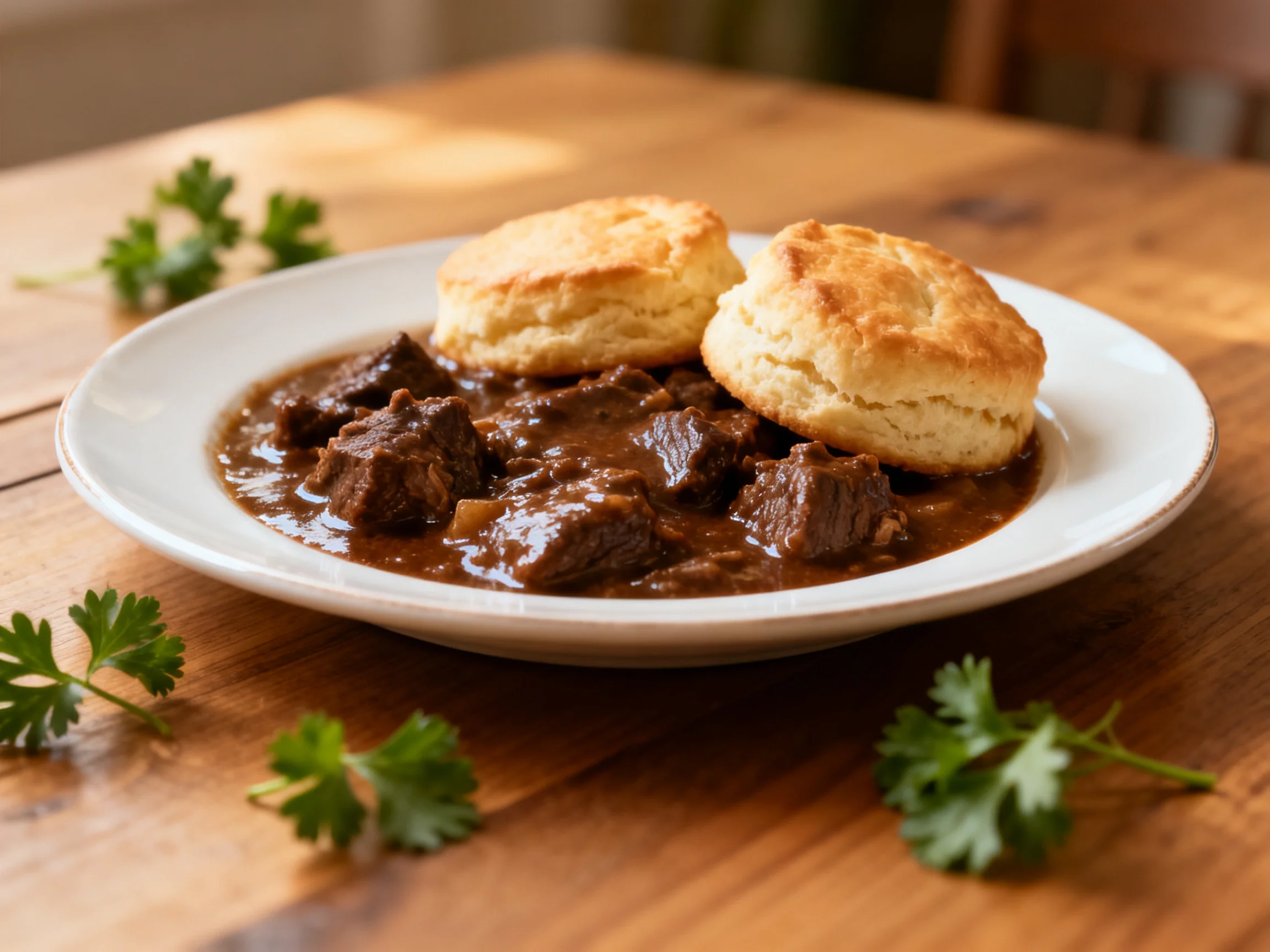 Beef stew and biscuits are served on a wooden table.