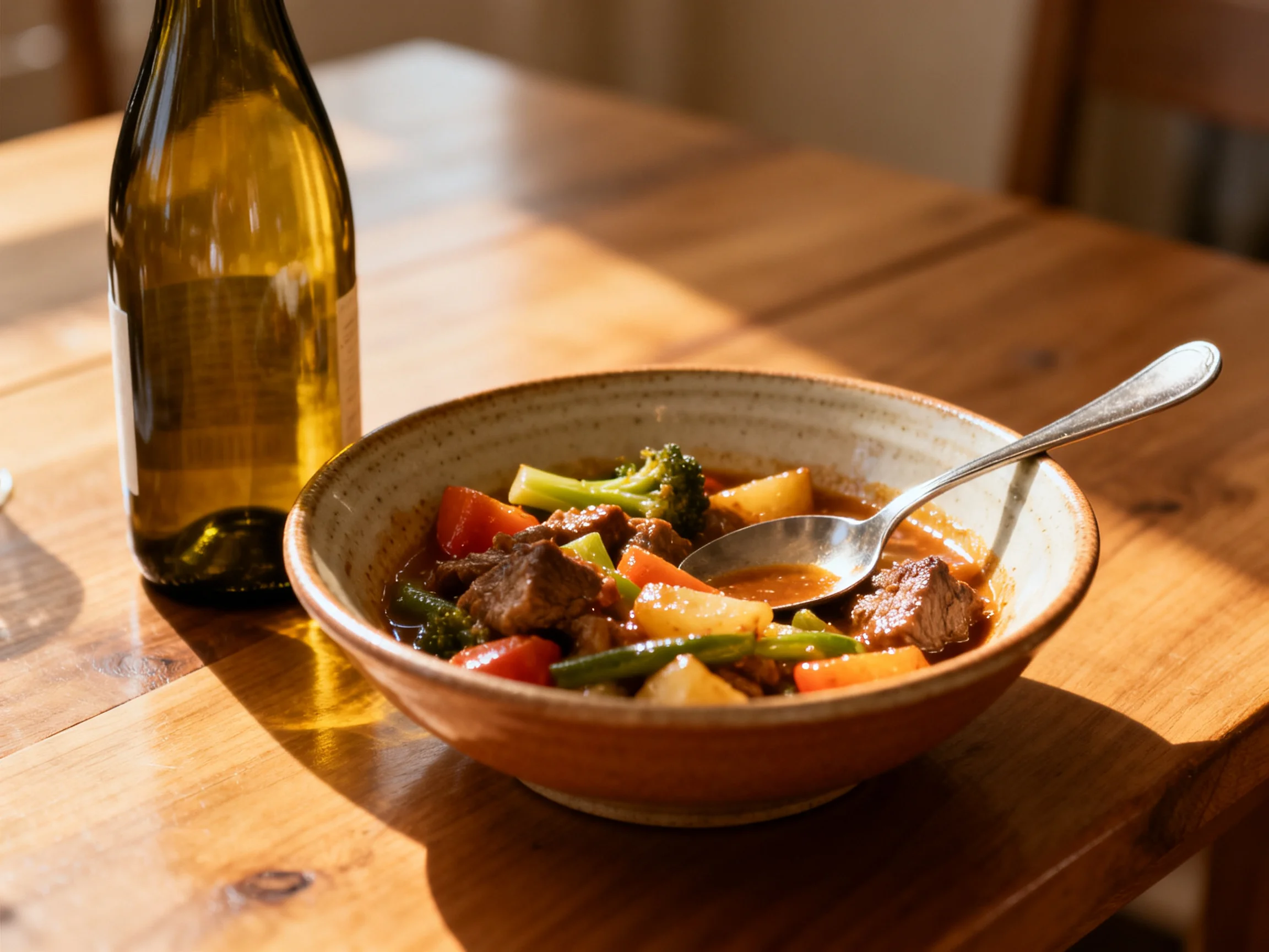 A hearty beef stew with mixed vegetables beside an empty wine bottle