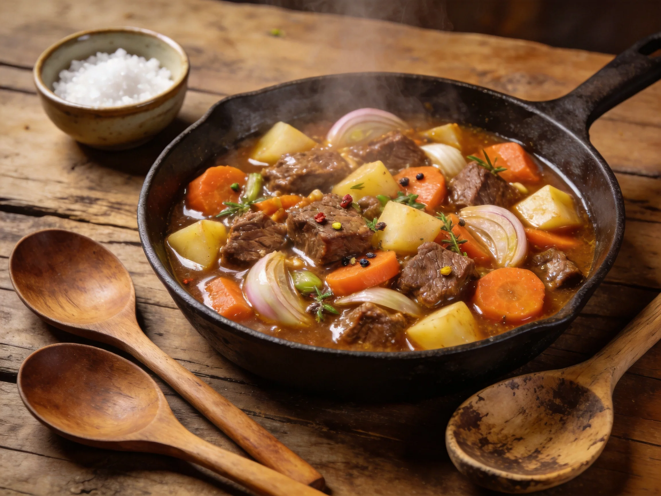 A hearty beef stew with mixed vegetables in a cast iron skillet