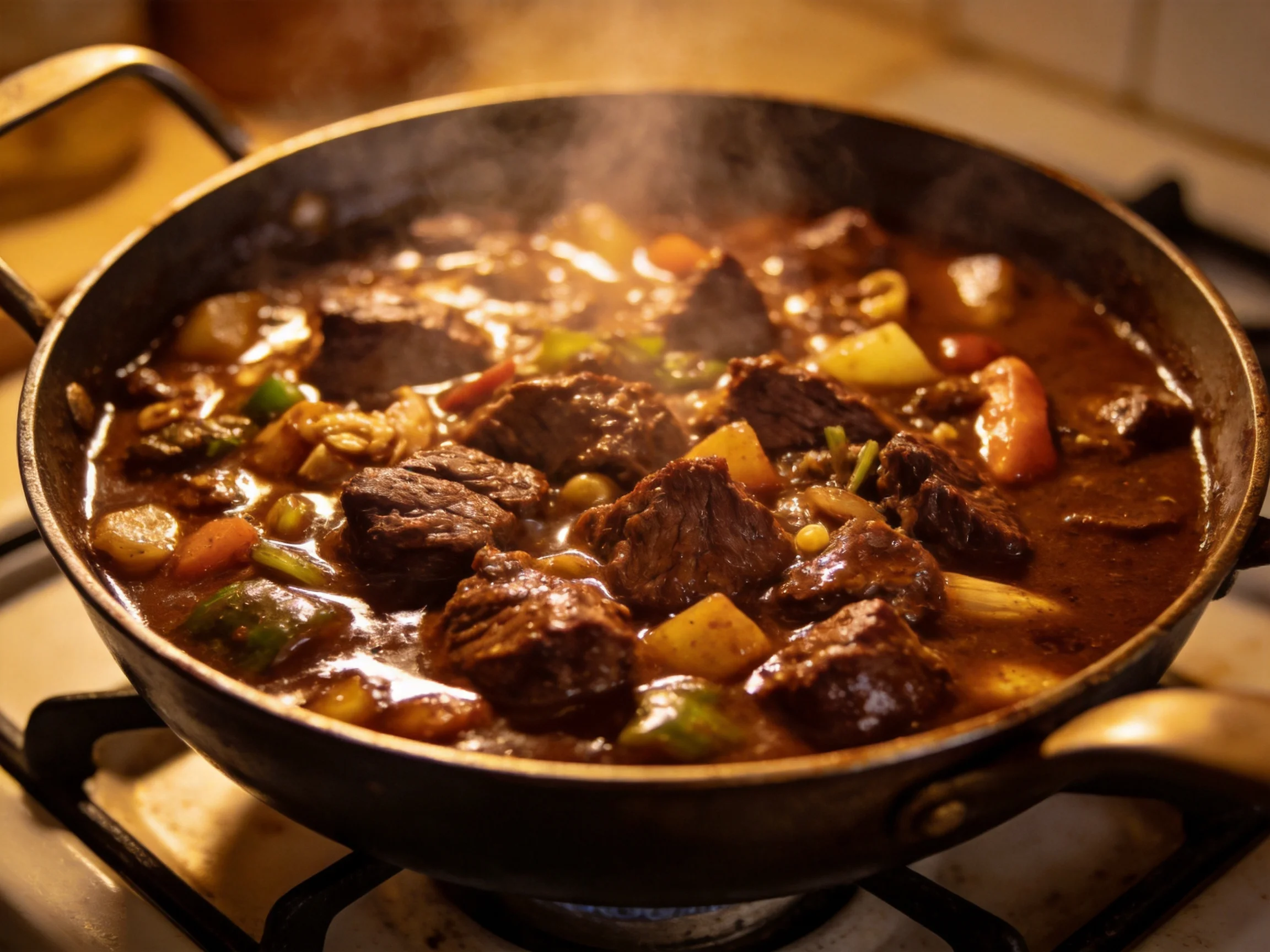 A hearty beef stew with mixed vegetables simmering in a dark pan