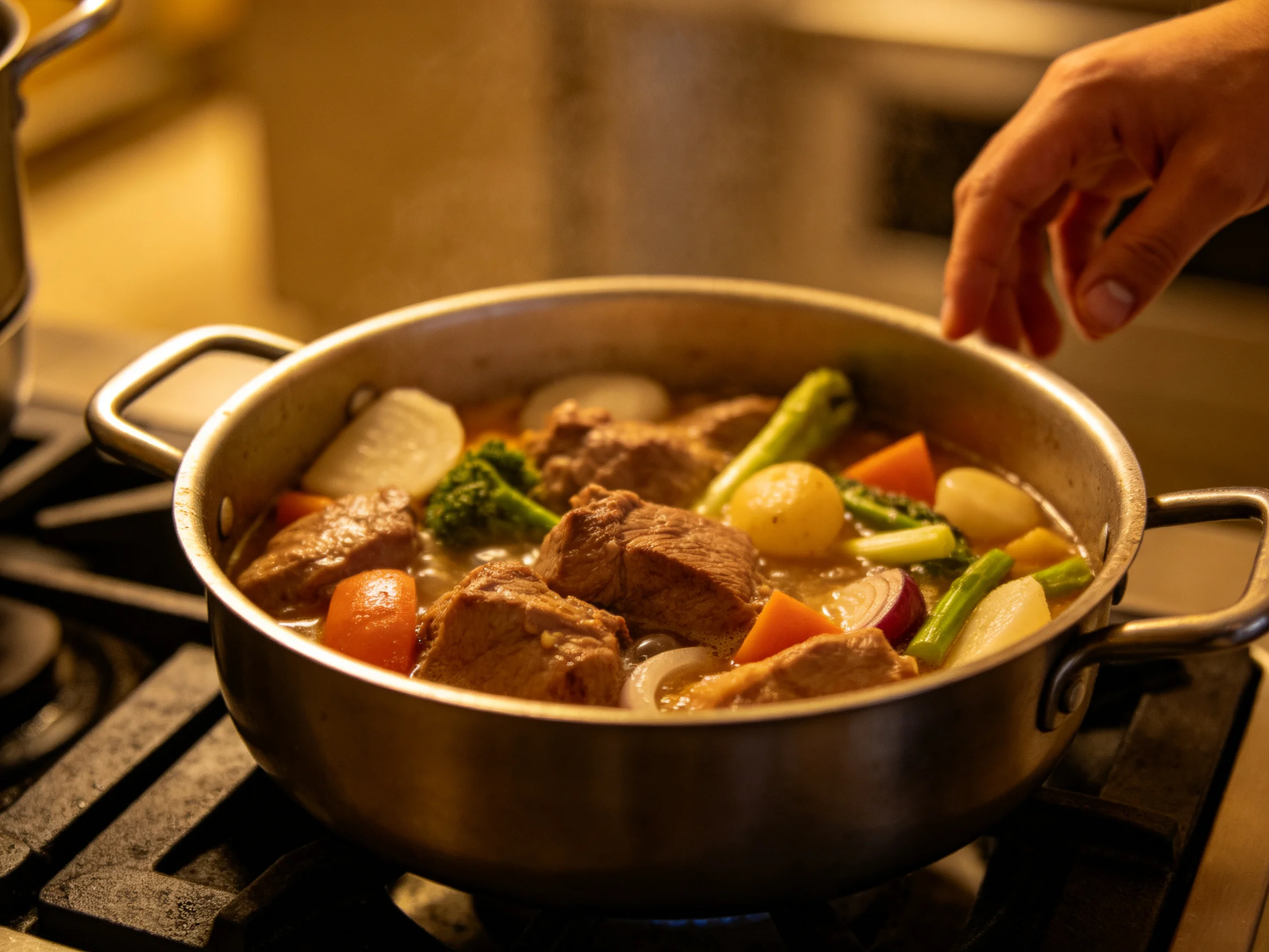 A hearty beef stew with mixed vegetables simmering in a stainless steel pot