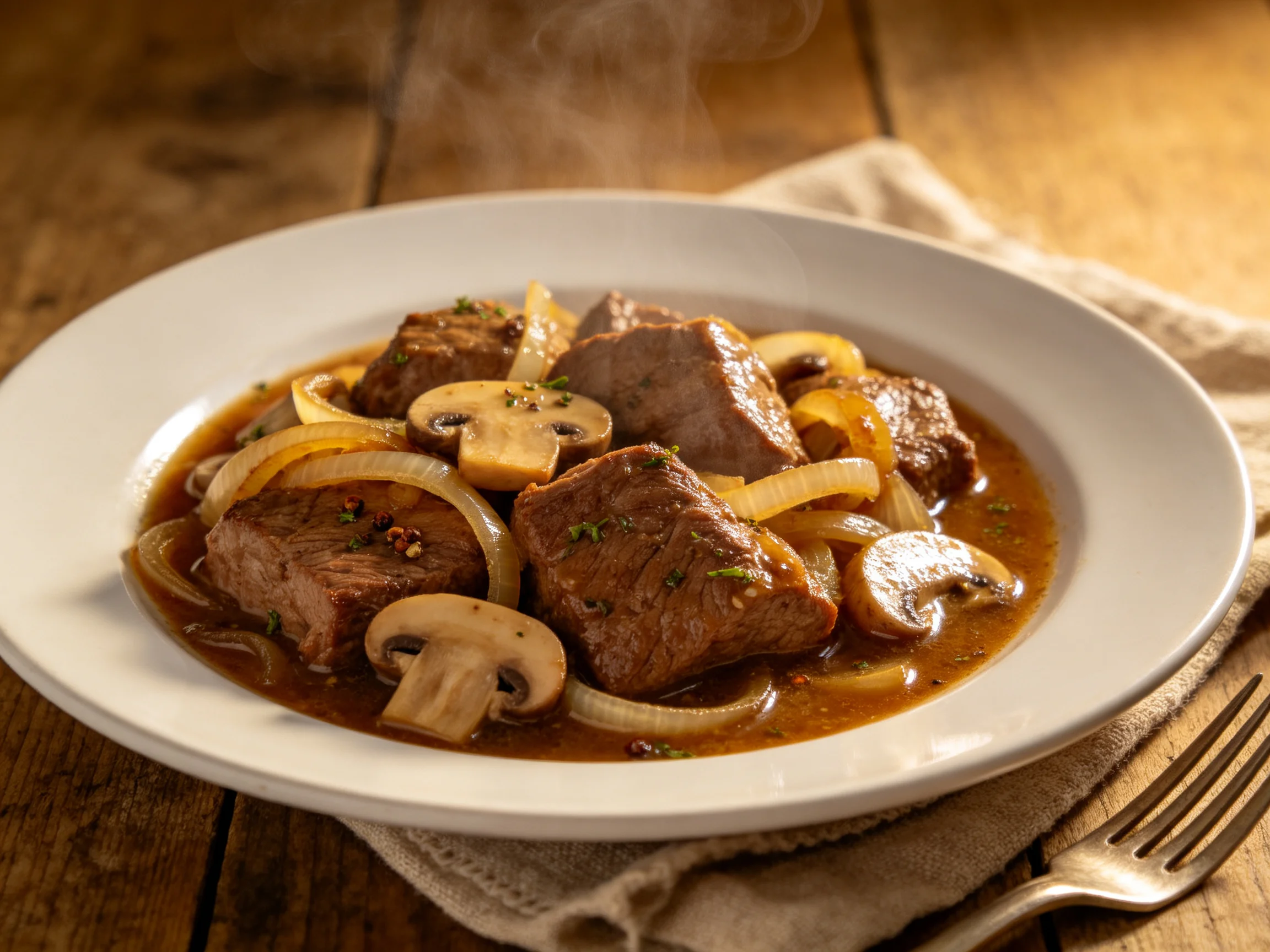 A hearty beef stew with mushrooms and onions in a brown sauce