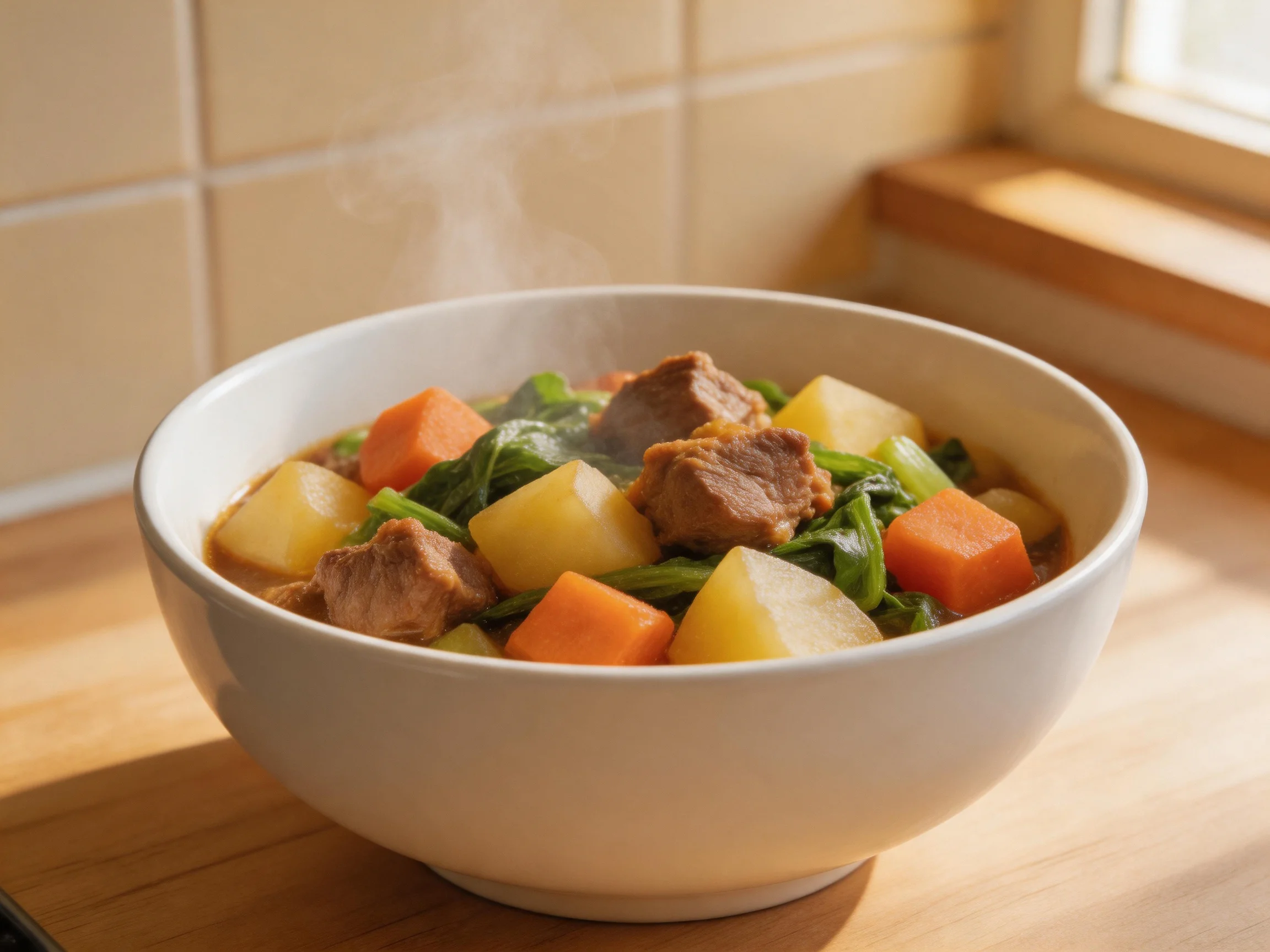 A hearty beef stew with potatoes, carrots, and greens in a white bowl