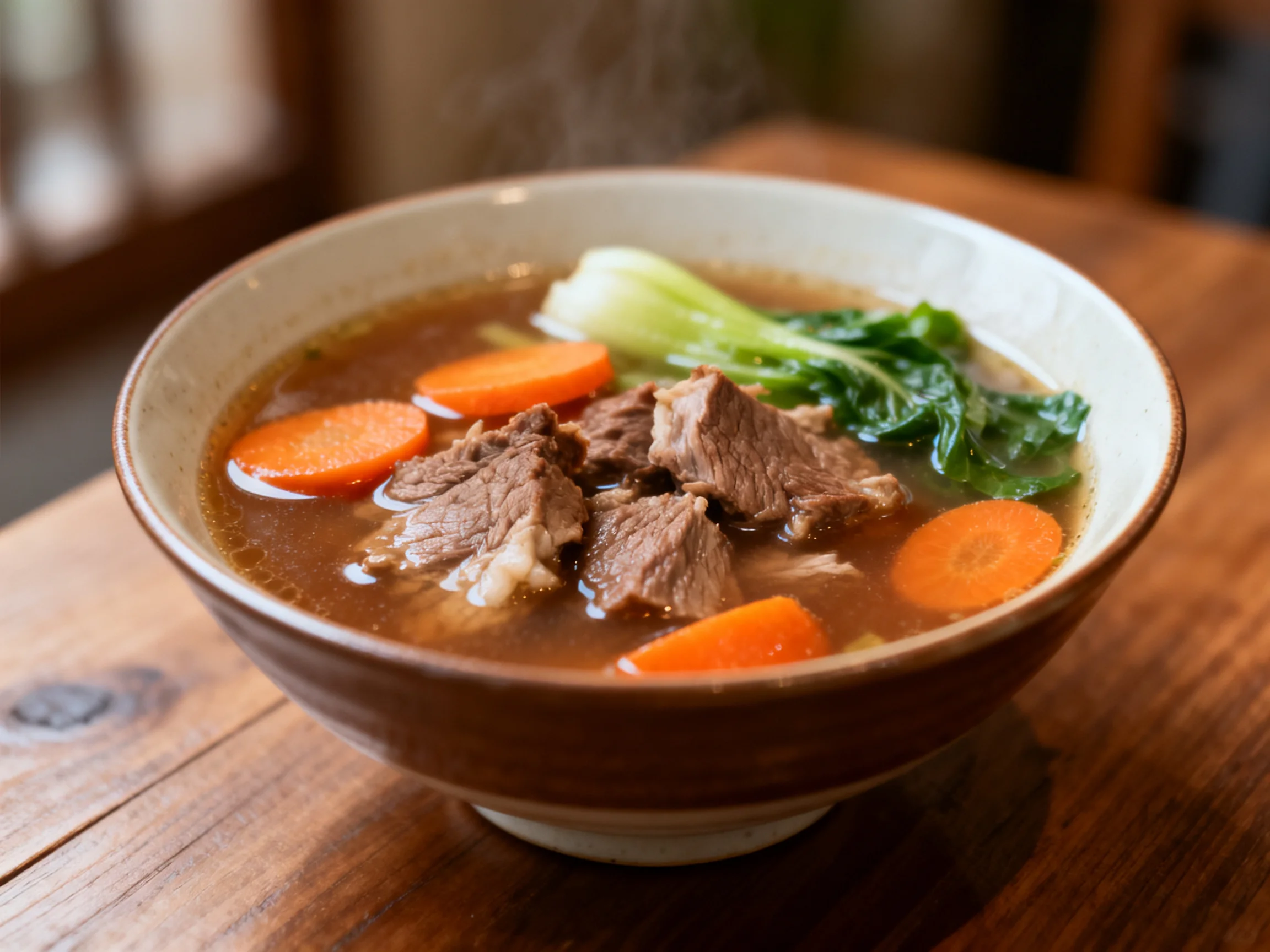 A hearty bowl of beef stew with sliced carrots and leafy greens