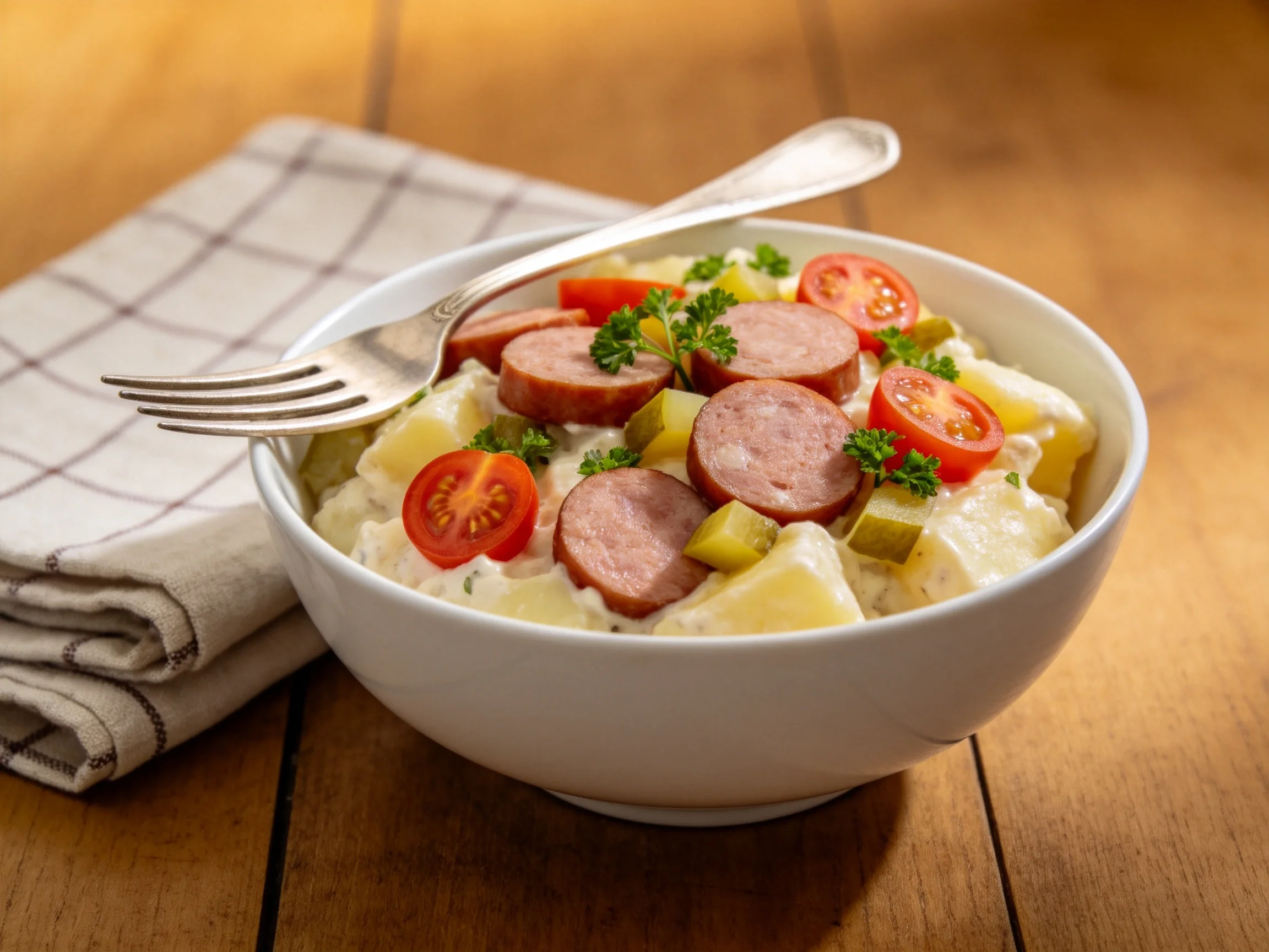 A hearty bowl of potato salad with sausage, cherry tomatoes, and pickles