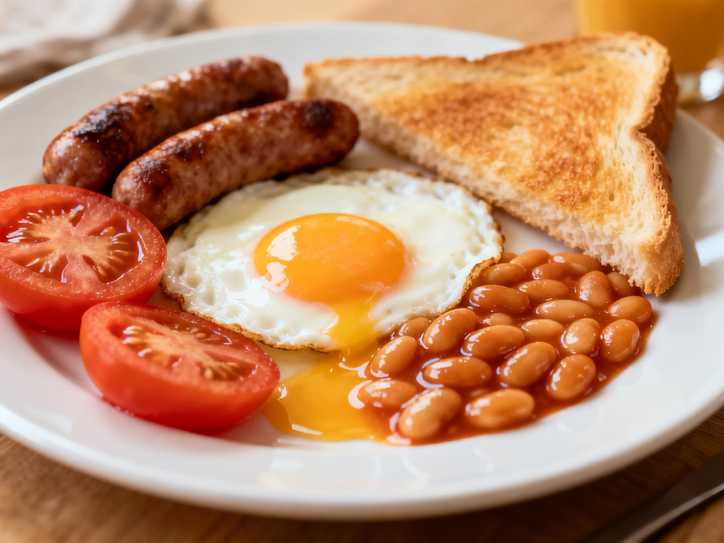 A hearty breakfast plate with sausages, fried egg, toast, tomatoes, and baked beans