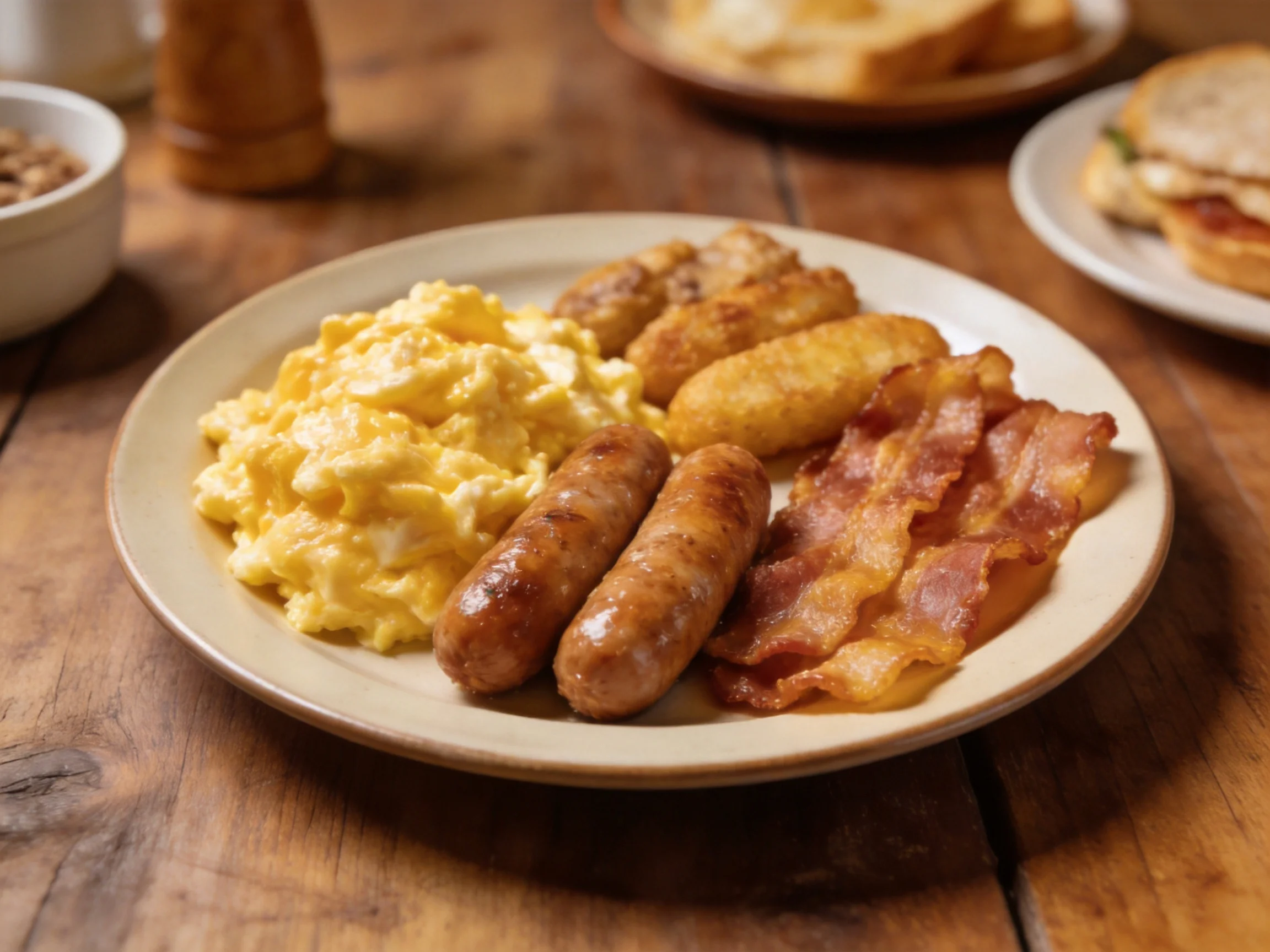 A hearty breakfast plate with scrambled eggs, sausages, bacon, and tater tots