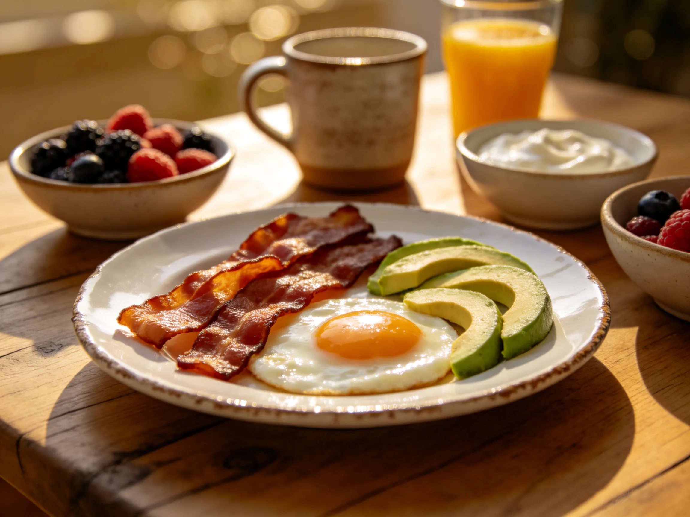 A hearty breakfast with crispy bacon, sunny-side egg, and avocado slices