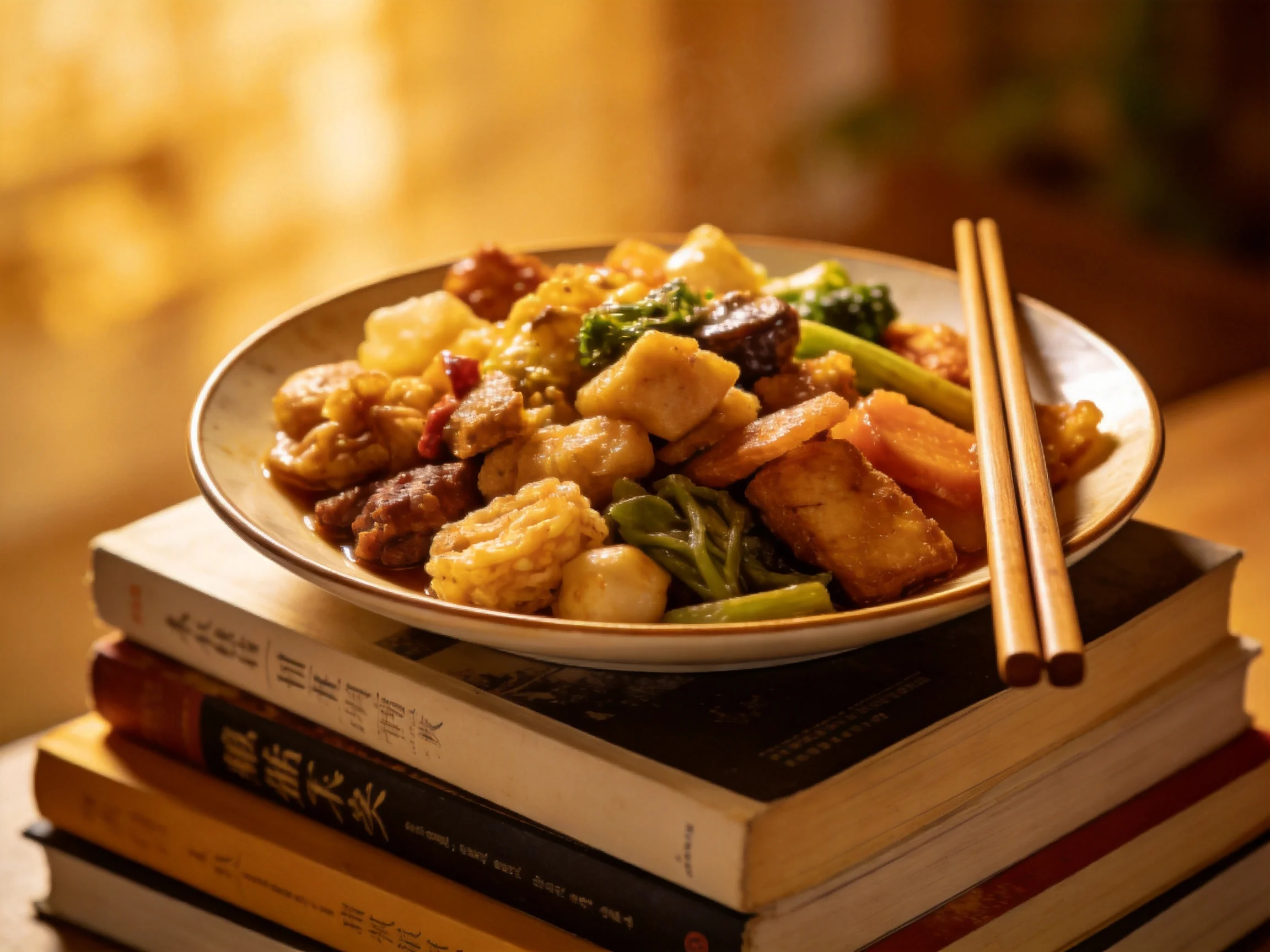 A hearty mixed vegetable and meat dish served on stacked cookbooks