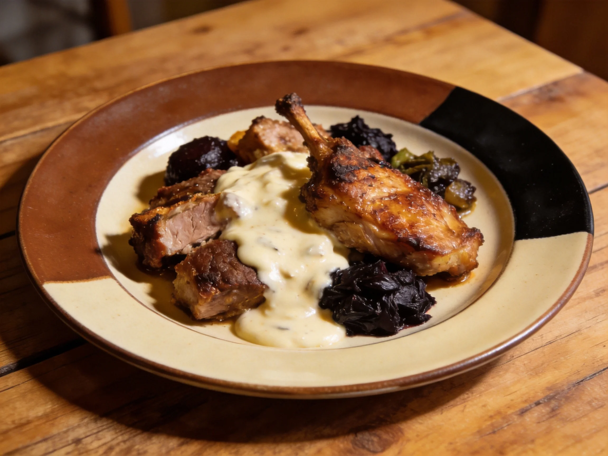 A hearty plate of roasted meats with creamy sauce and dark sides