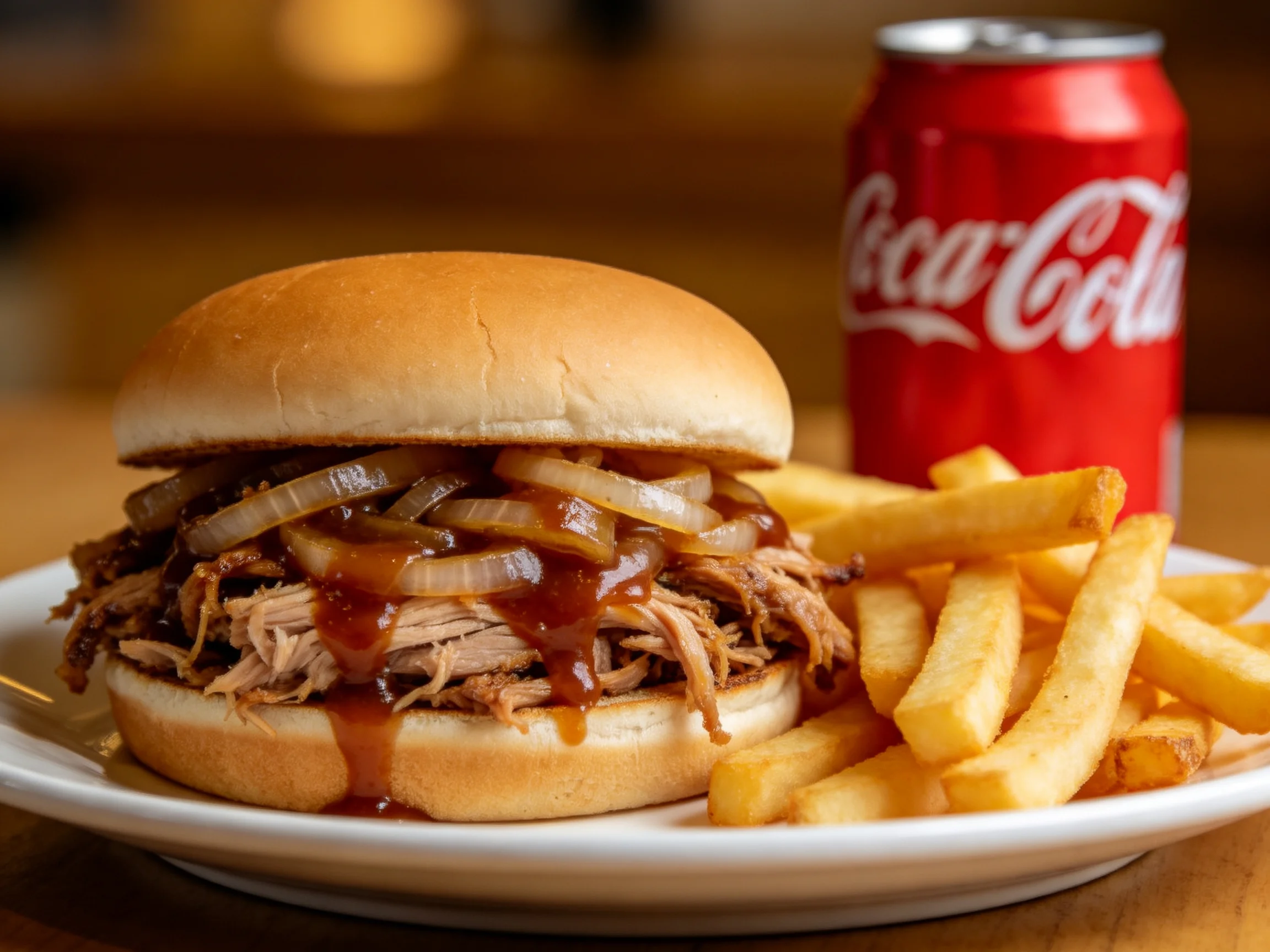 A hearty pulled pork sandwich with fries and a Coca - Cola can