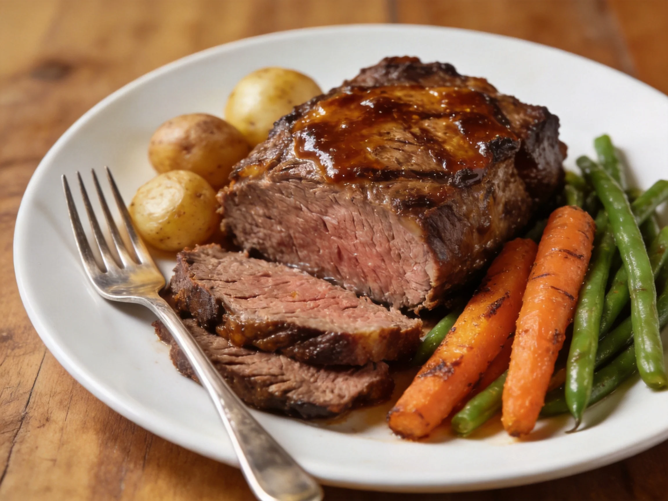 A hearty roast beef dinner with potatoes, carrots, and green beans