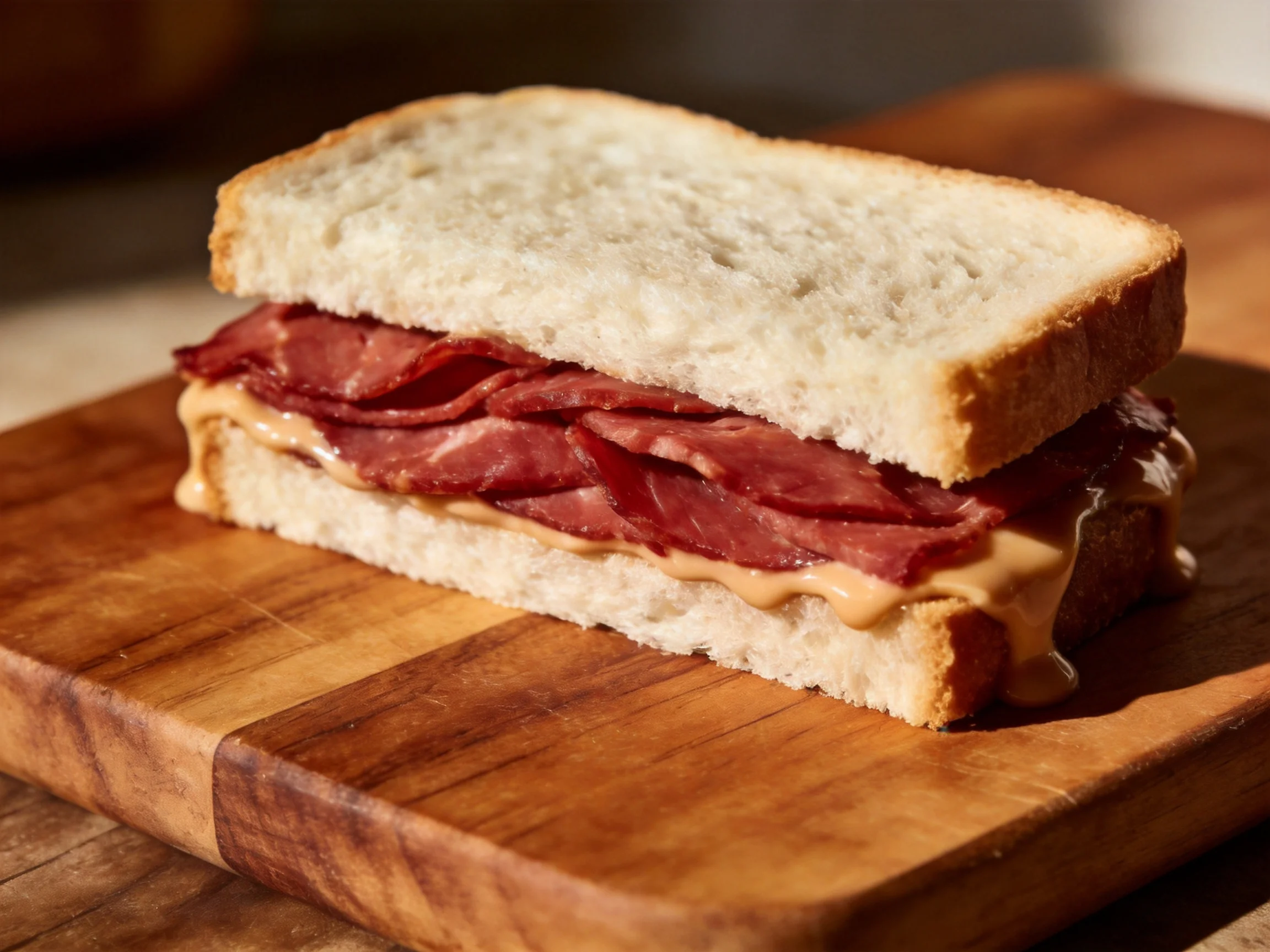 A hearty sandwich with sliced red meat and peanut butter on white bread