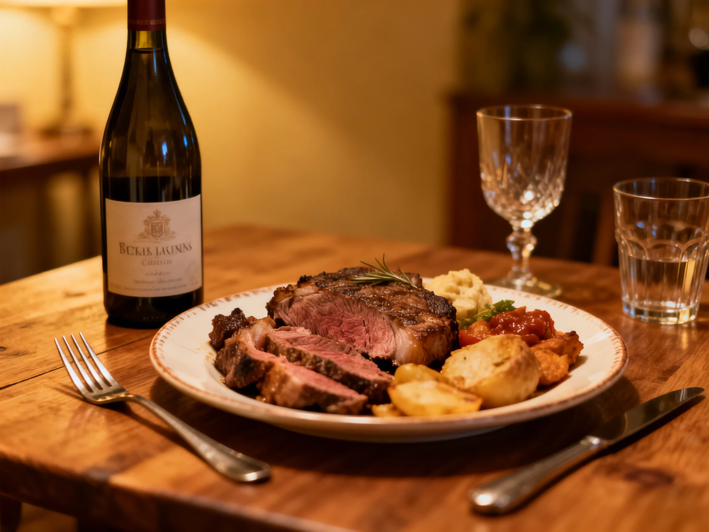 A hearty steak dinner served with sides and wine on a wooden table.