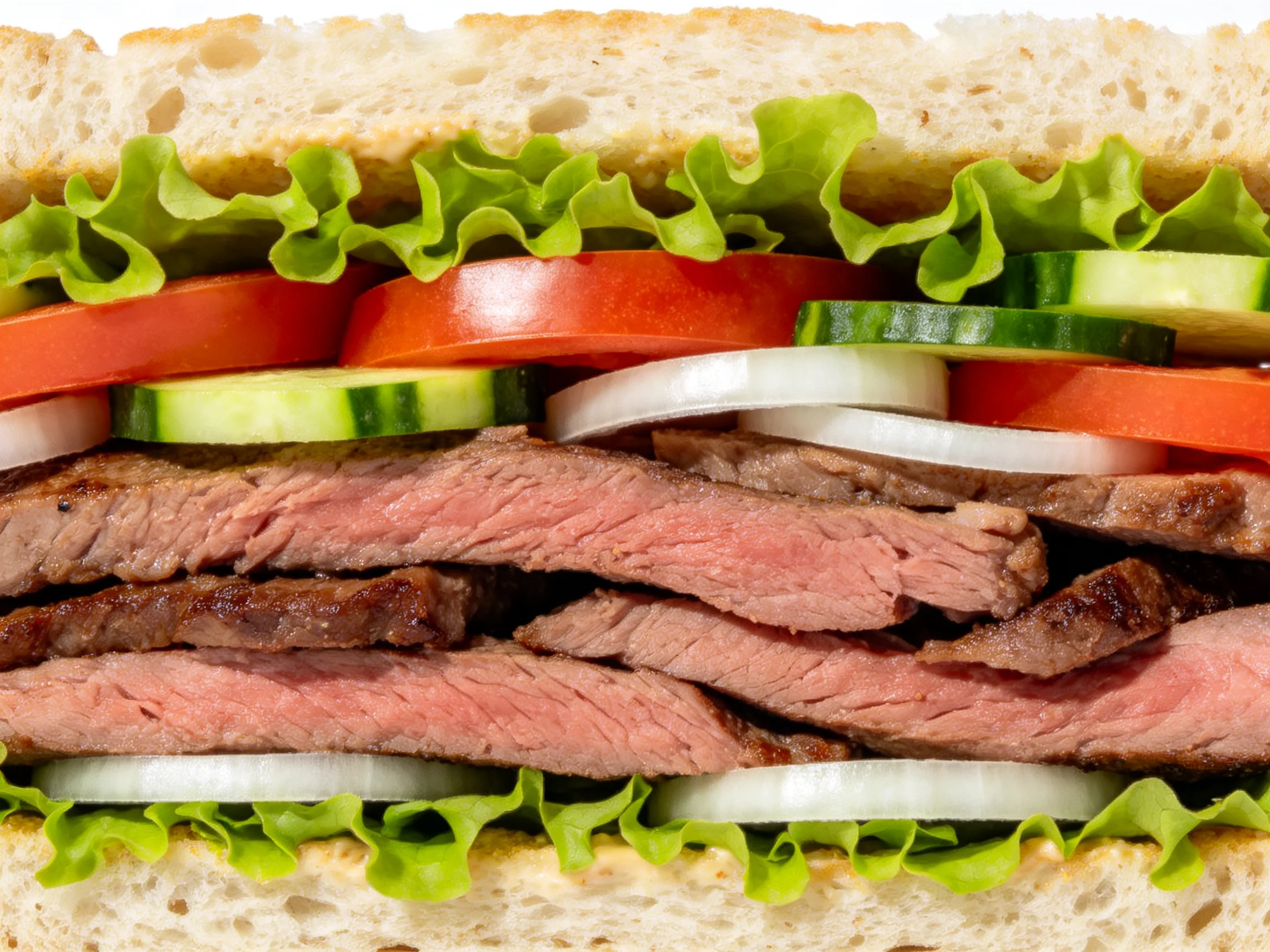A hearty steak sandwich with fresh veggies and crusty bread