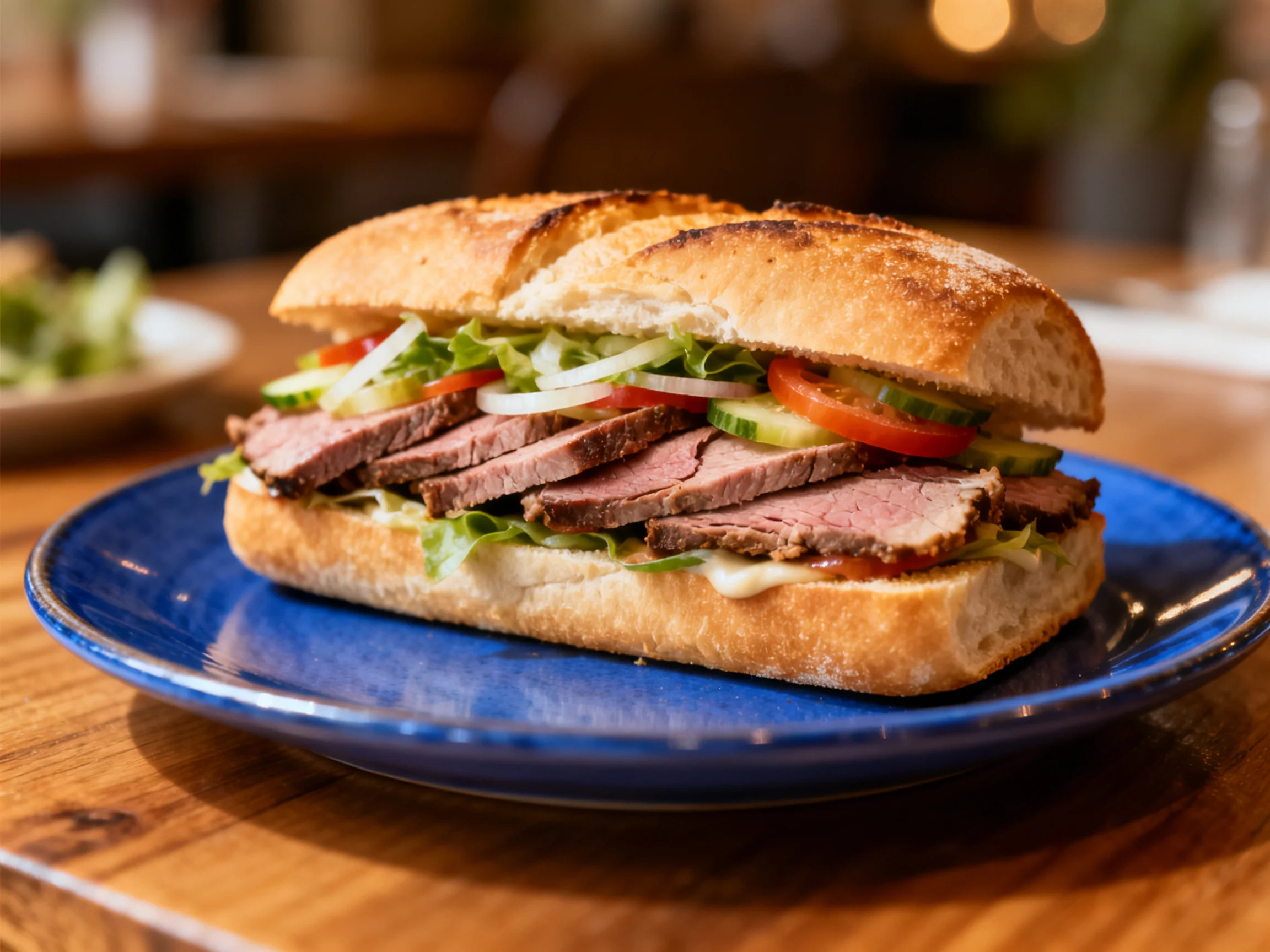 A hearty steak sandwich with fresh veggies on a blue plate