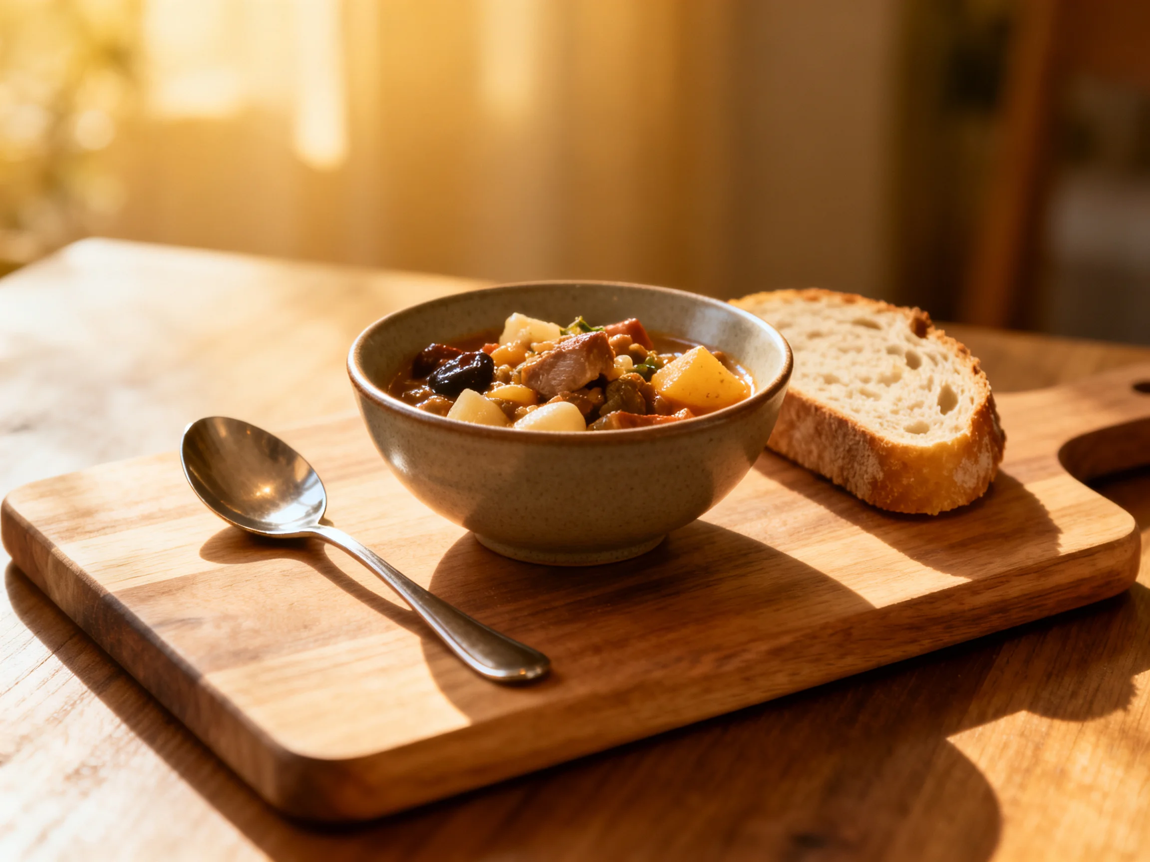 A hearty stew with vegetables and bread on a wooden board
