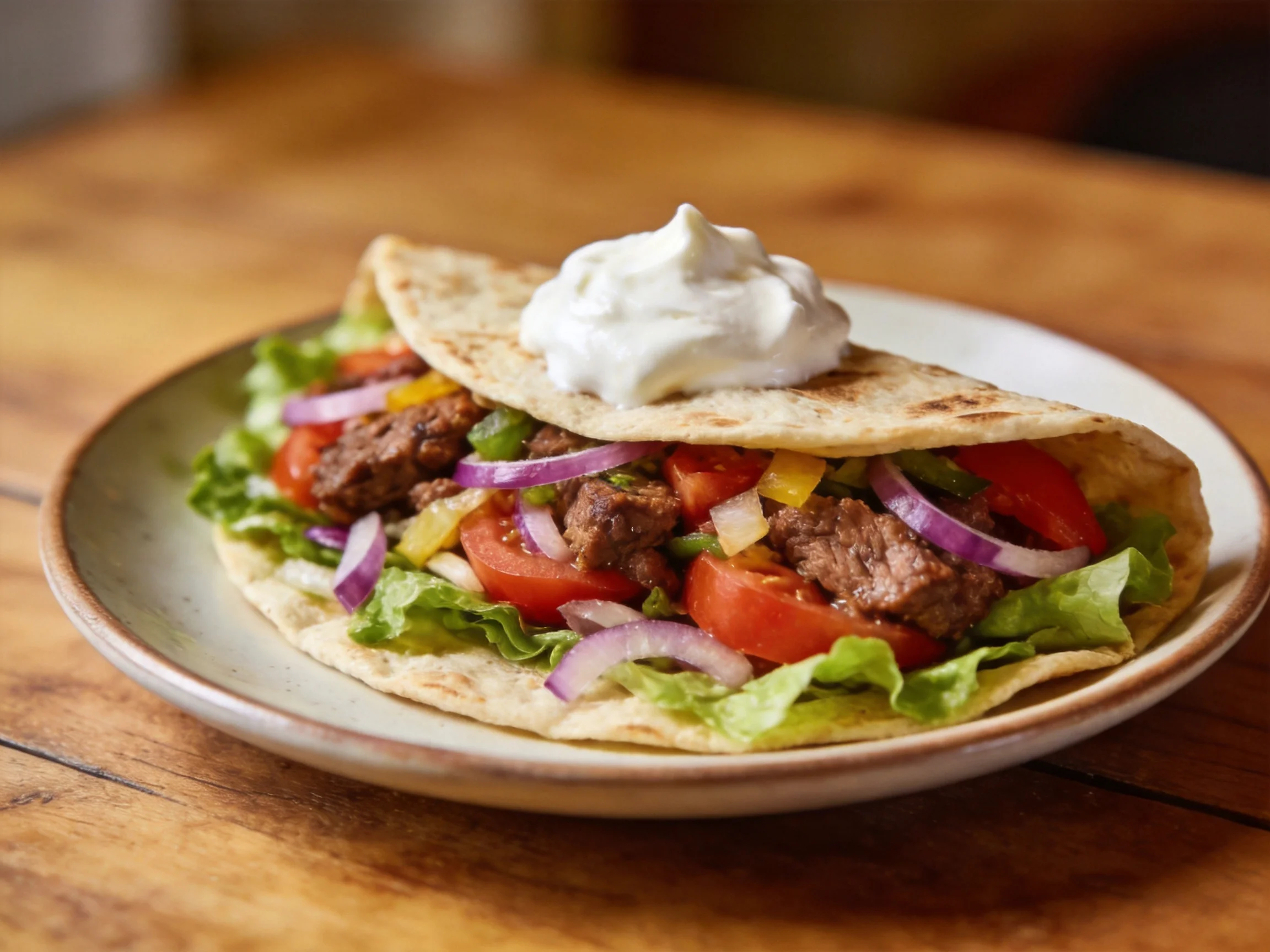 A hearty tortilla wrap with beef, tomatoes, and sour cream