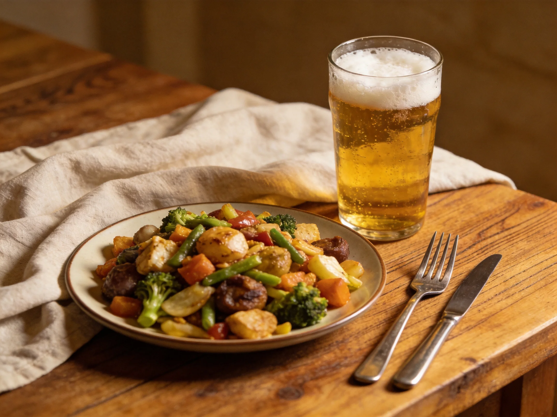 A hearty vegetable medley served with a frothy golden beer