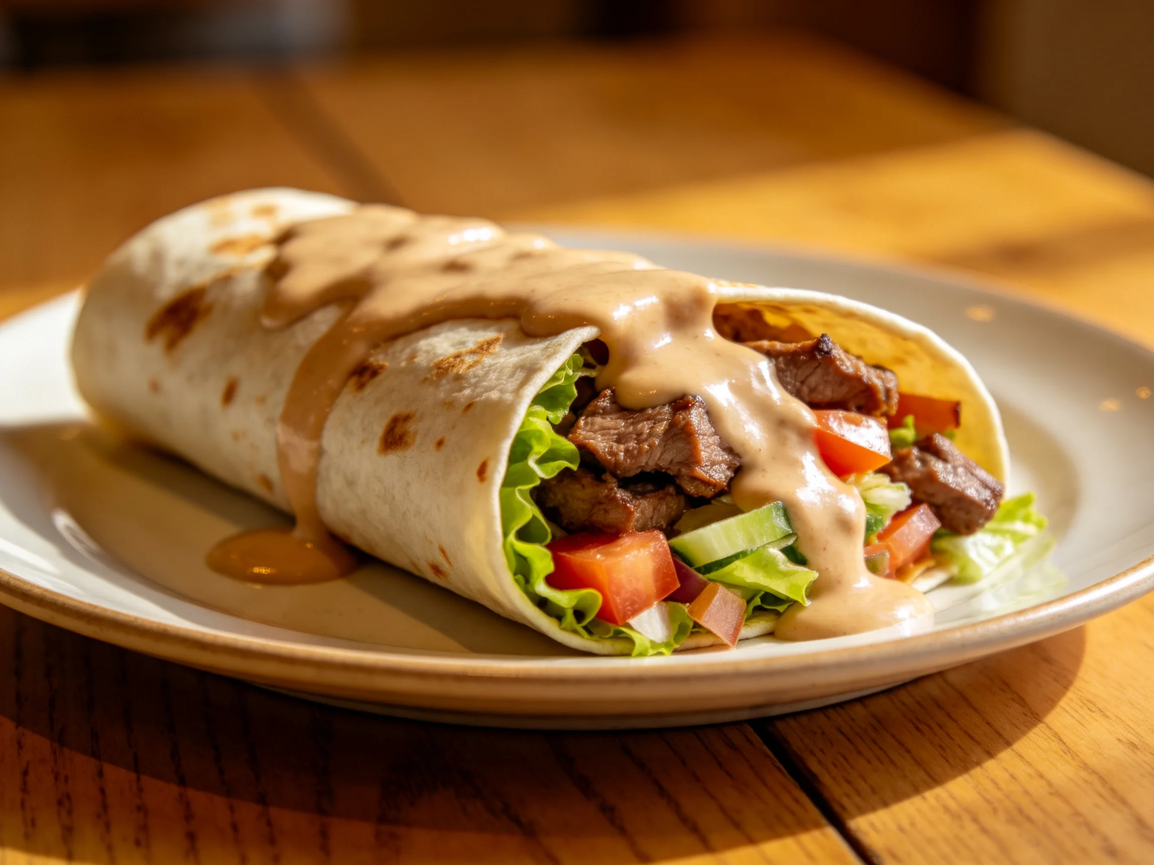 A hearty wrap loaded with grilled meat, fresh veggies, and creamy sauce
