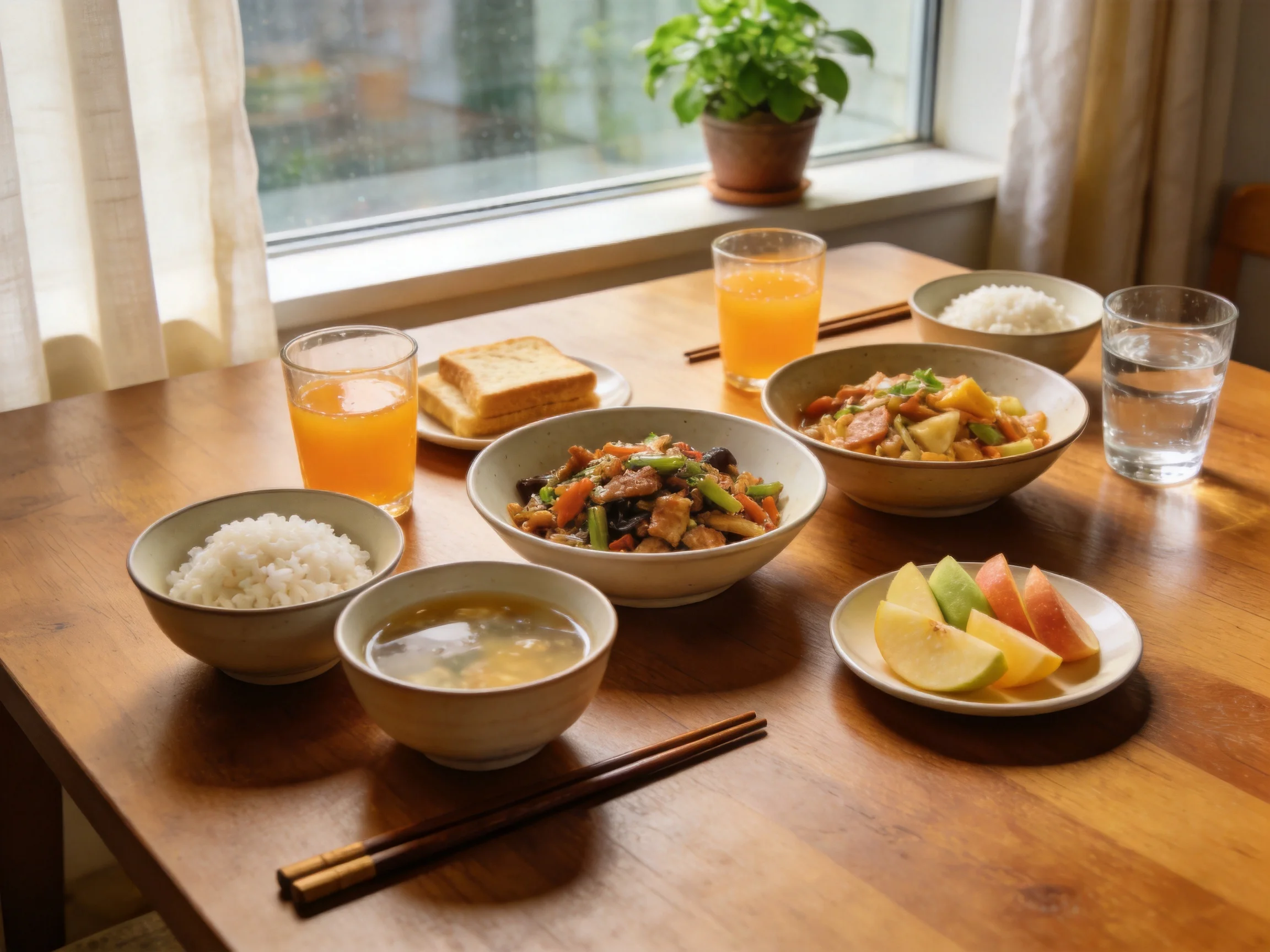 A home-cooked meal spread with bowls, toast, and fresh fruit