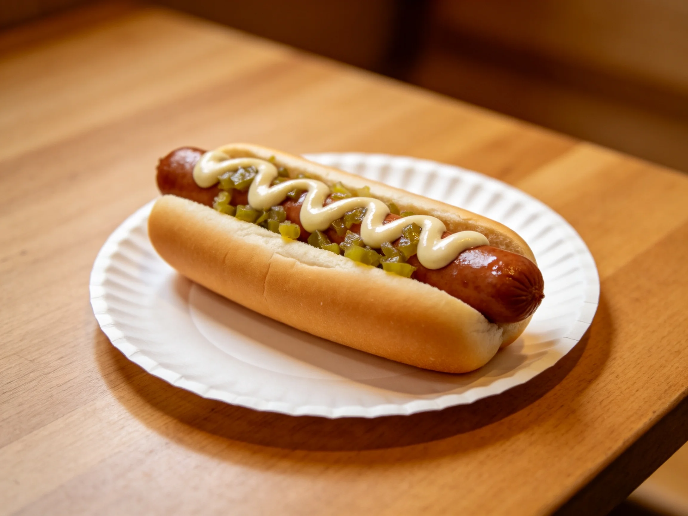 A hot dog topped with mustard and relish served on a paper plate