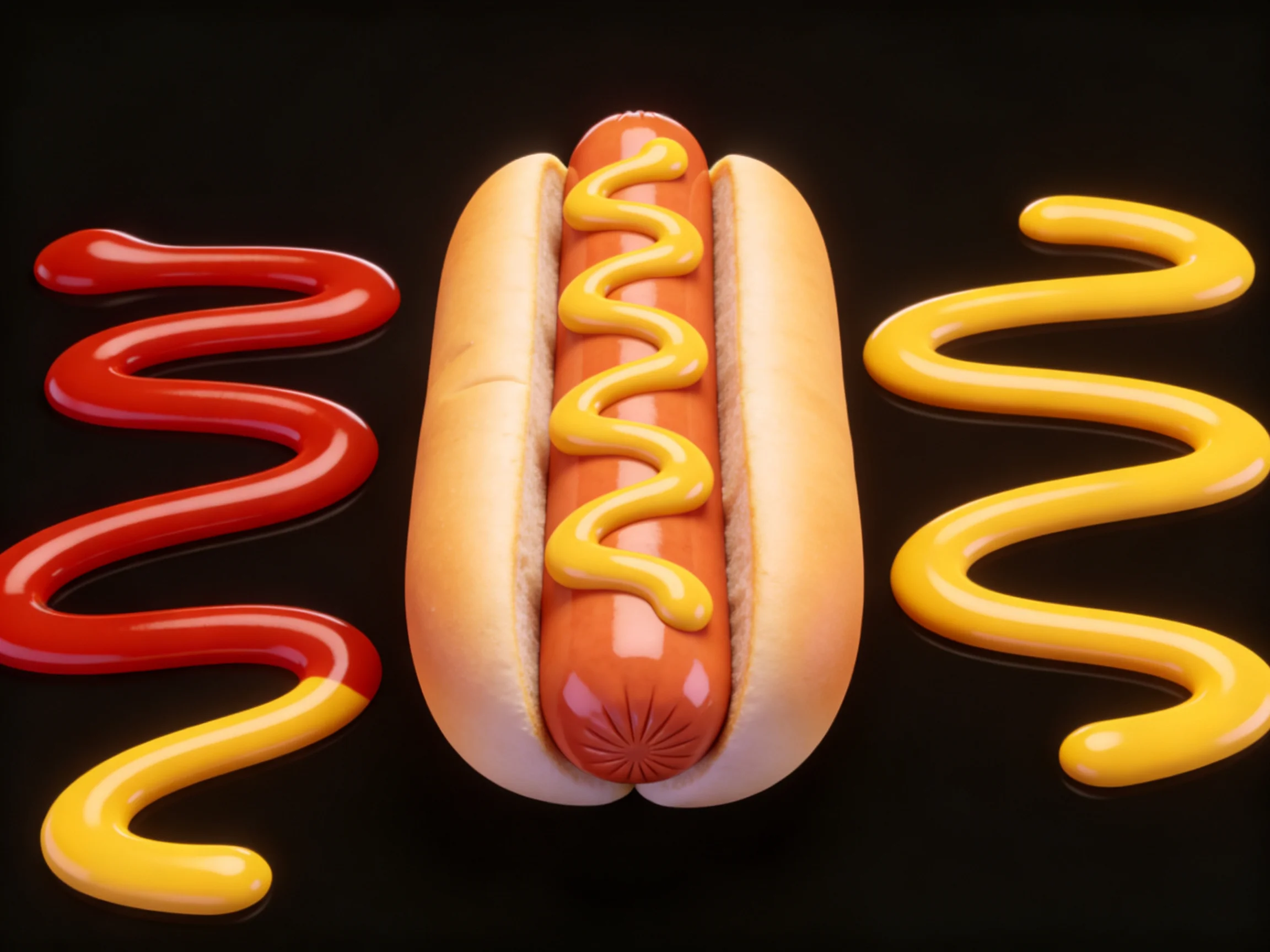 A hot dog topped with mustard flanked by red and yellow sauce drizzles
