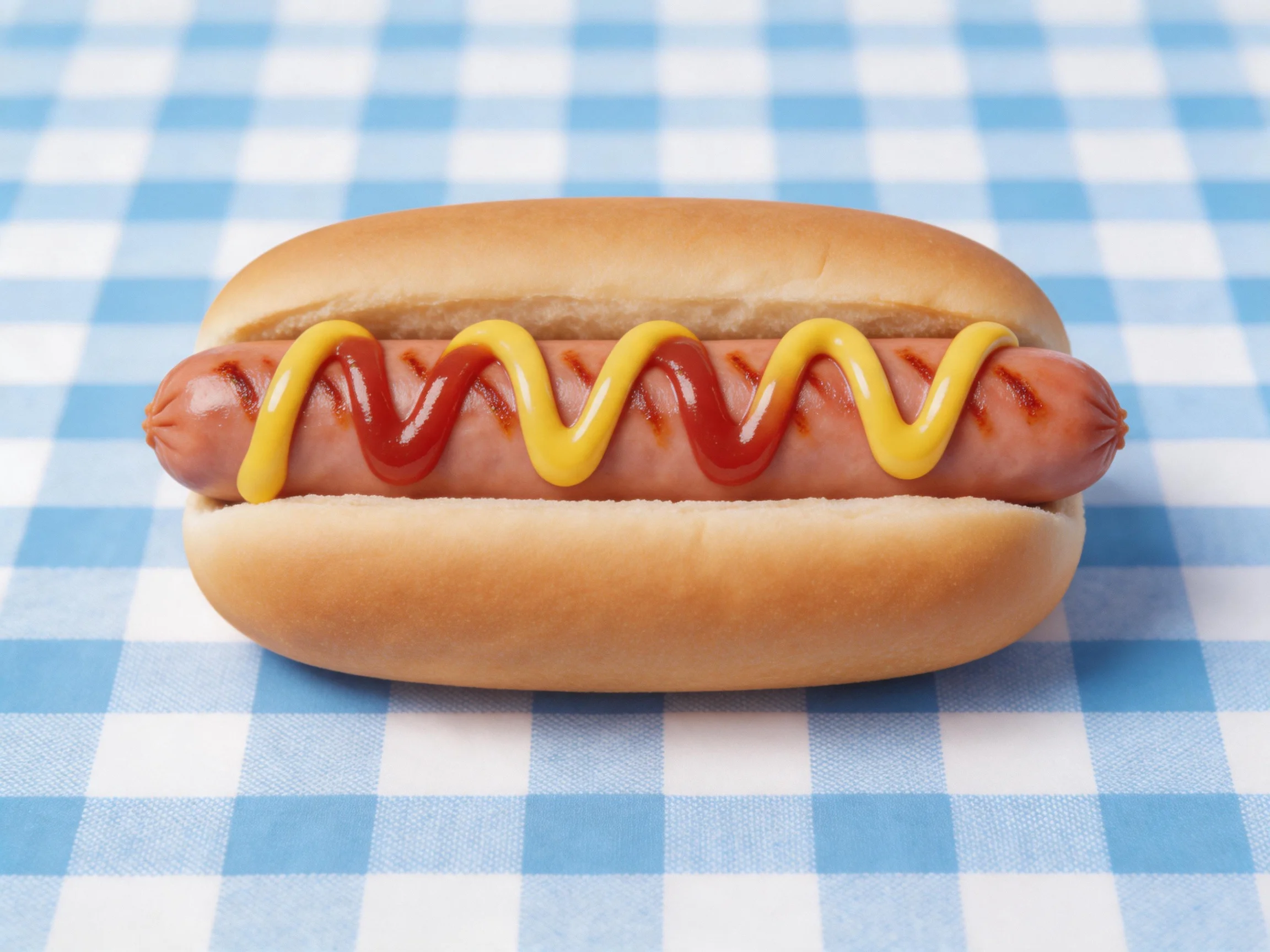 A hot dog with ketchup and mustard on a blue-and-white checkered cloth
