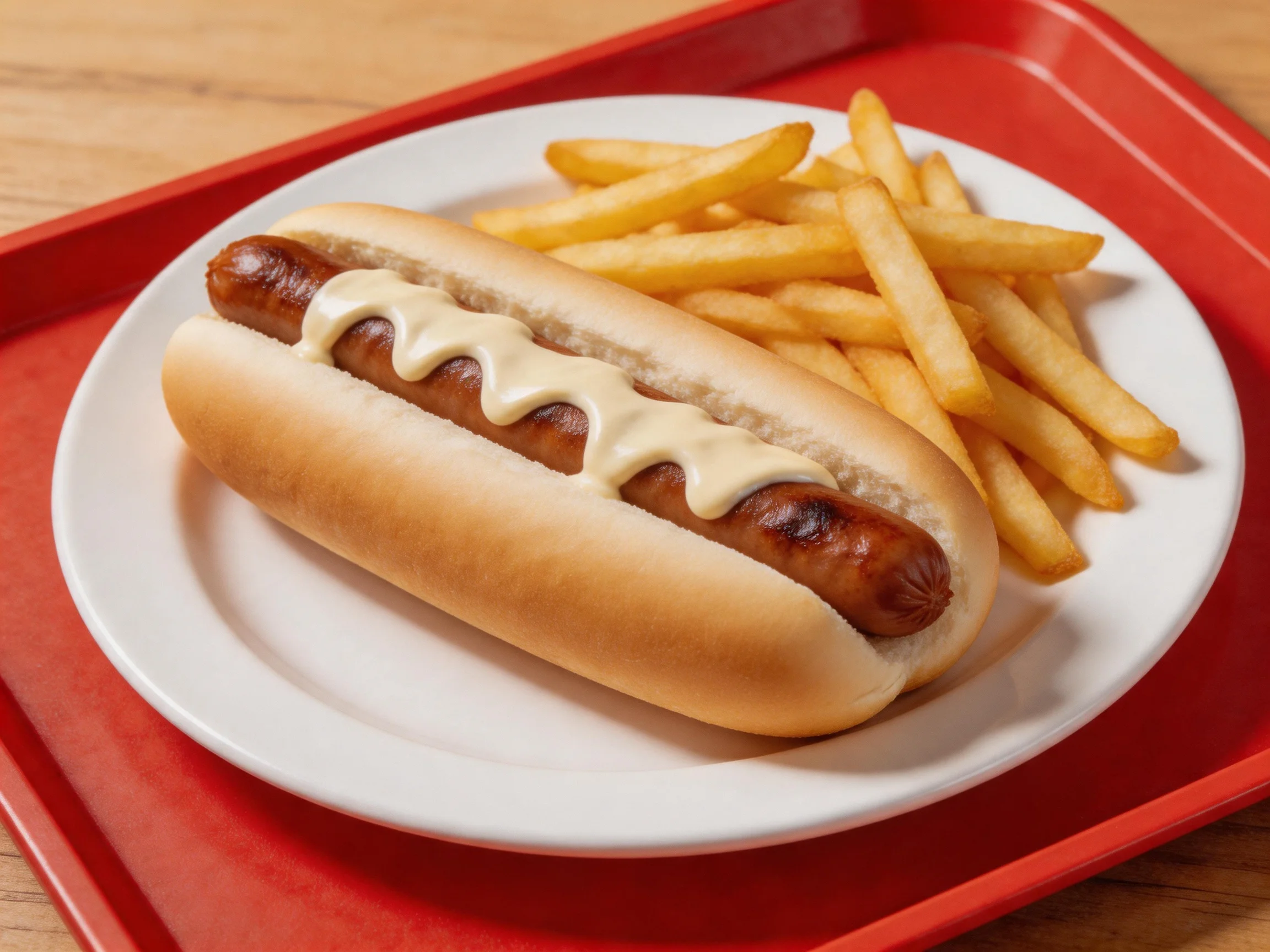 A hot dog with mustard sauce and French fries