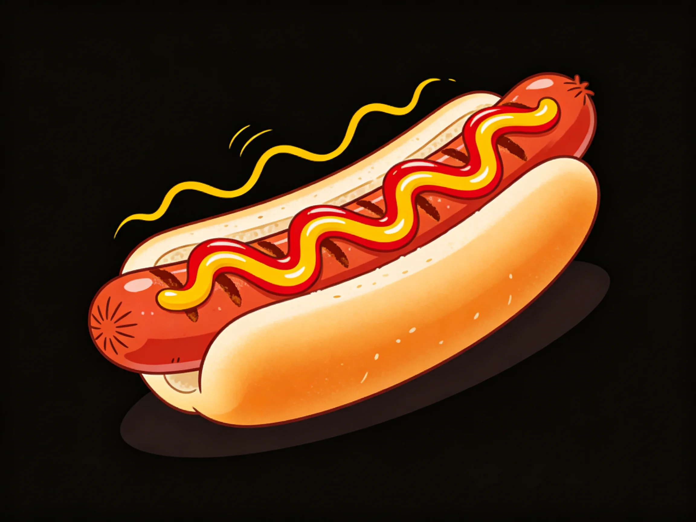 A hot dog with red and yellow zigzag sauces in a soft bun