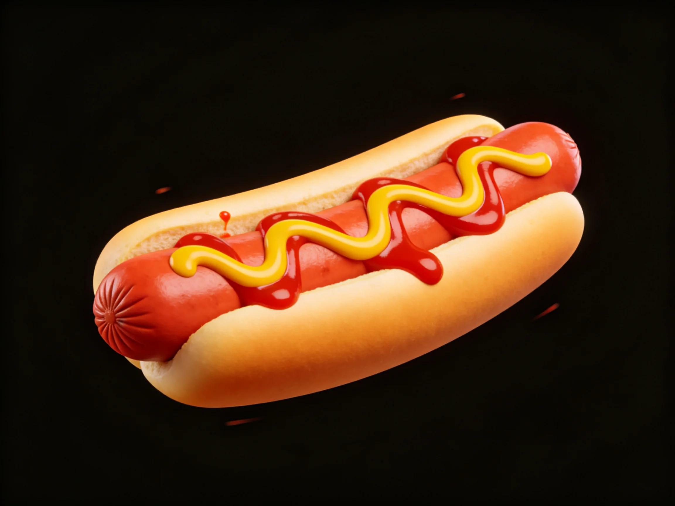 A hot dog with zigzagged ketchup and mustard on a bun