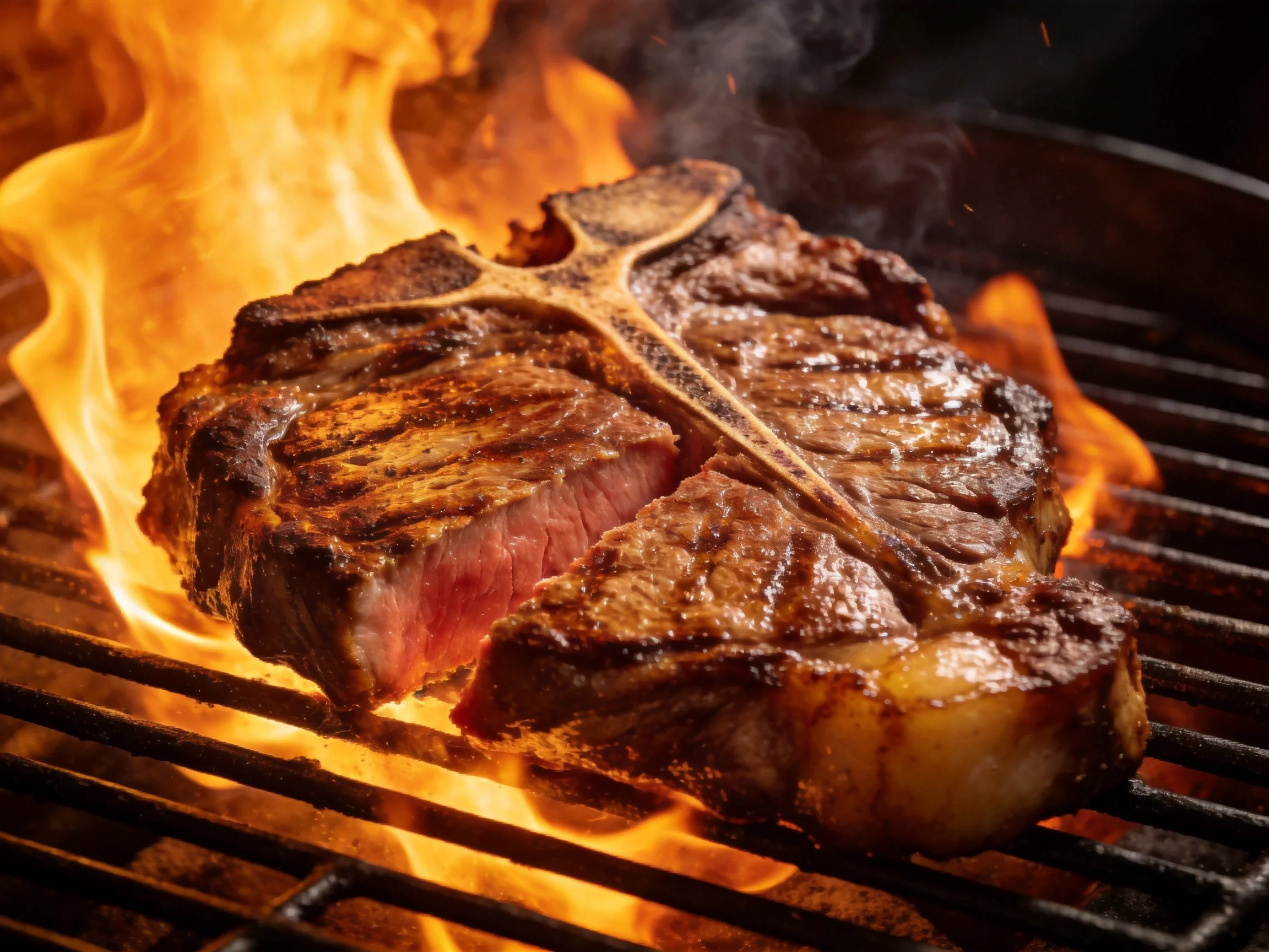 A juicy T-bone steak cooks over blazing flames