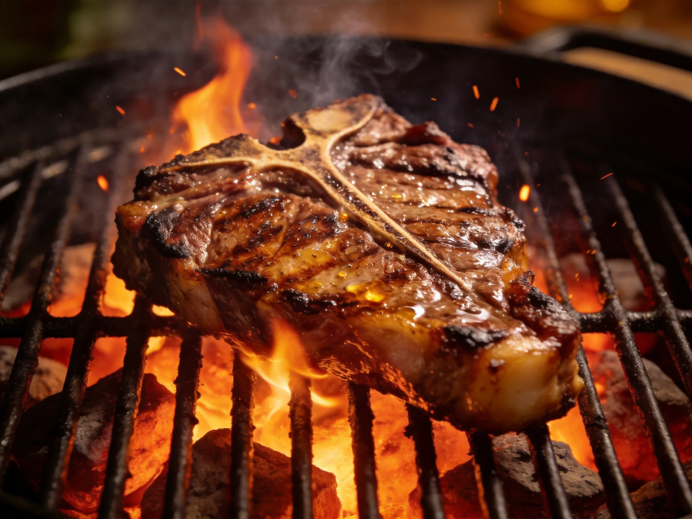 A juicy T-bone steak grilling over bright orange flames