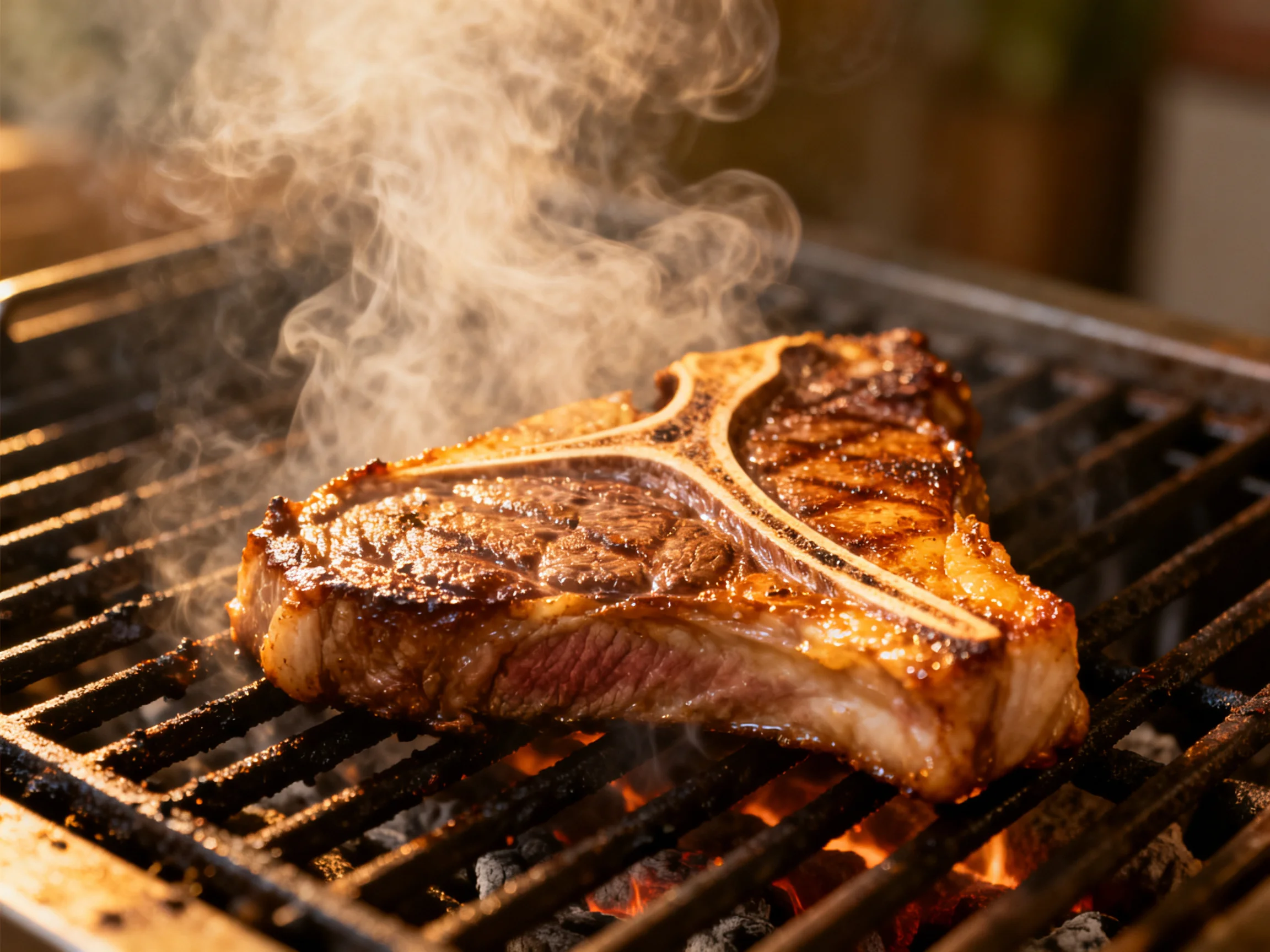 A T-bone steak cooks over glowing charcoal with rising smoke.
