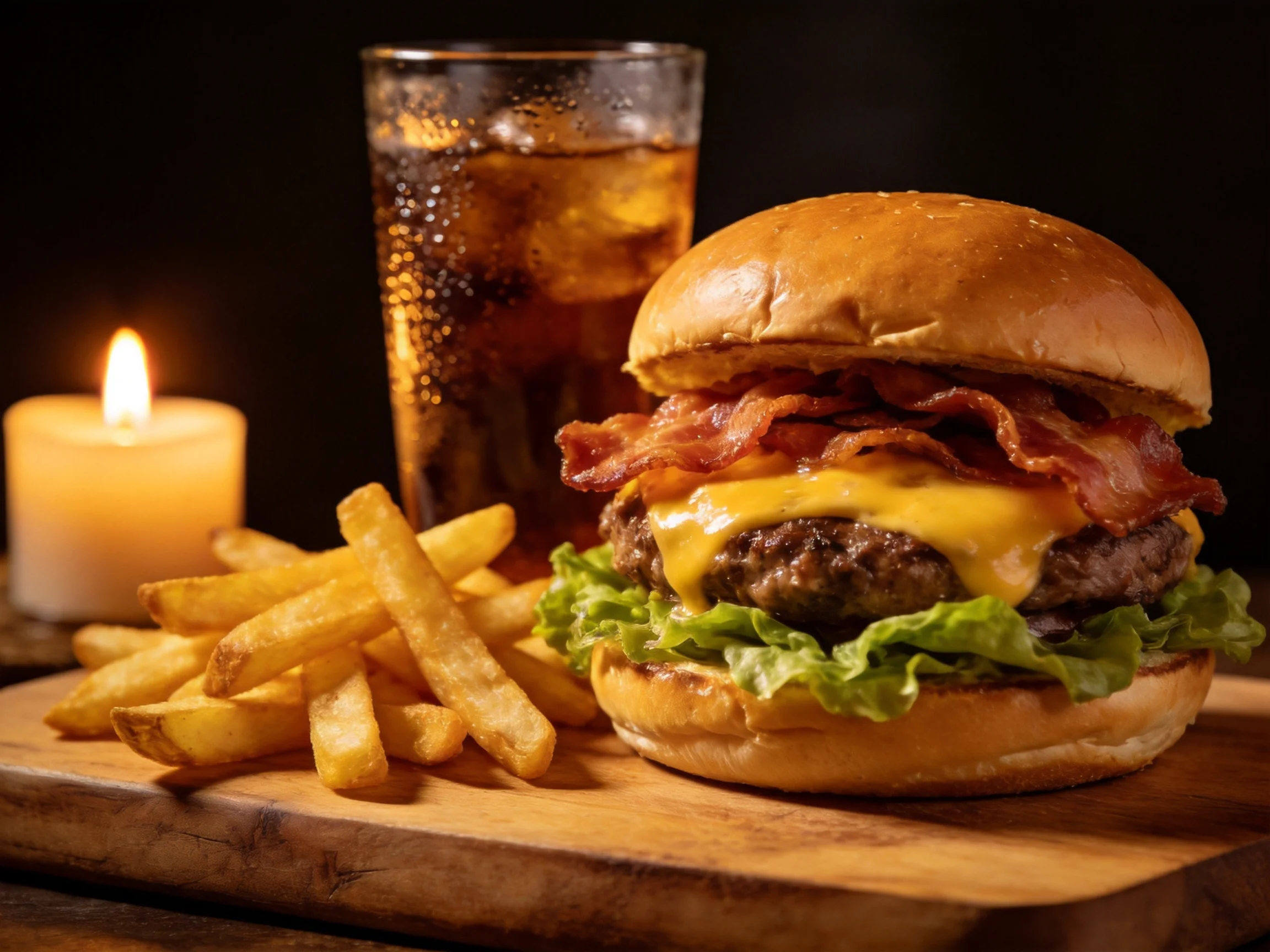 A juicy bacon cheeseburger with crispy fries and a cola drink beside a lit candle