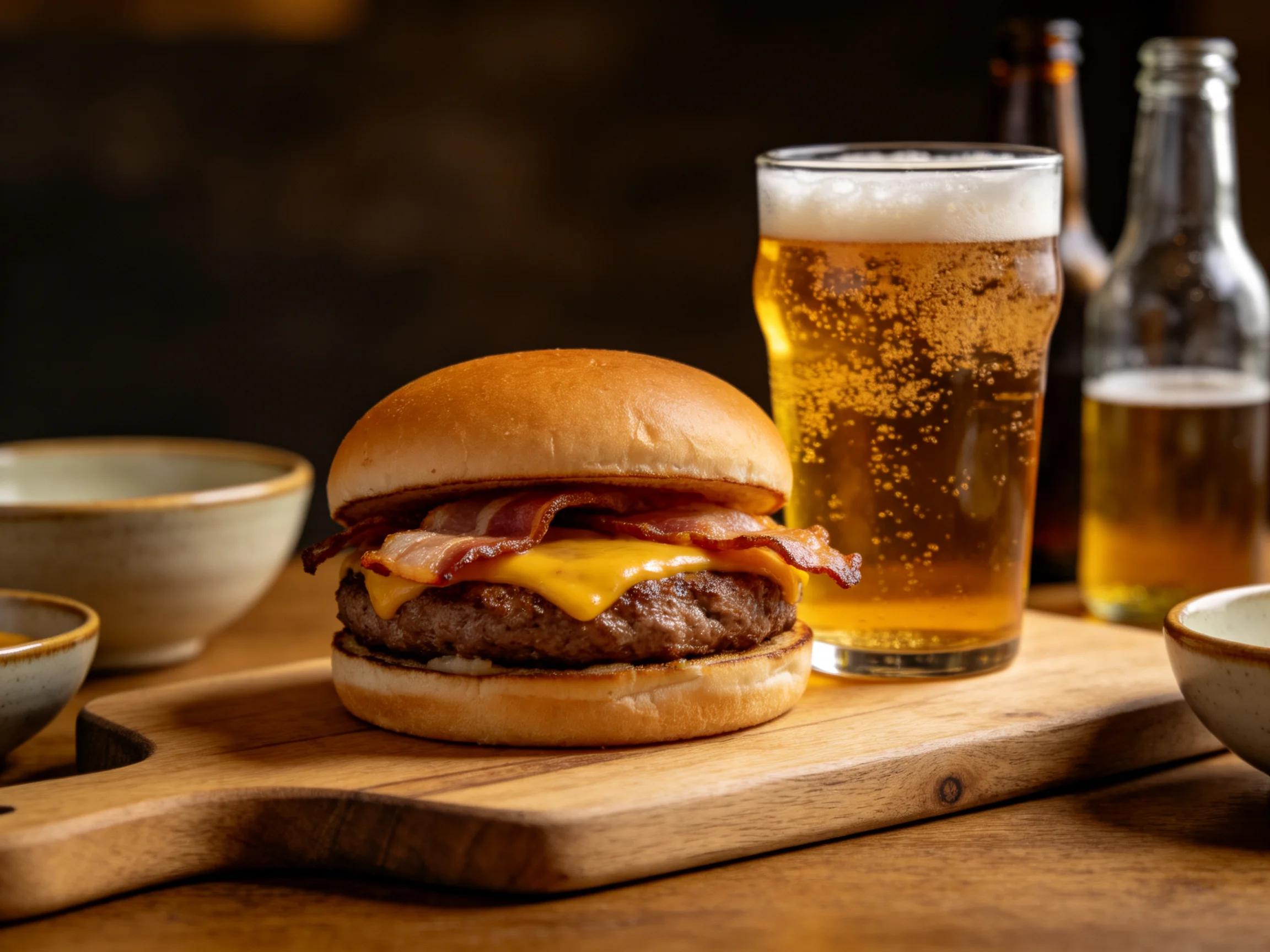 A juicy bacon cheeseburger with golden beer on a wooden board
