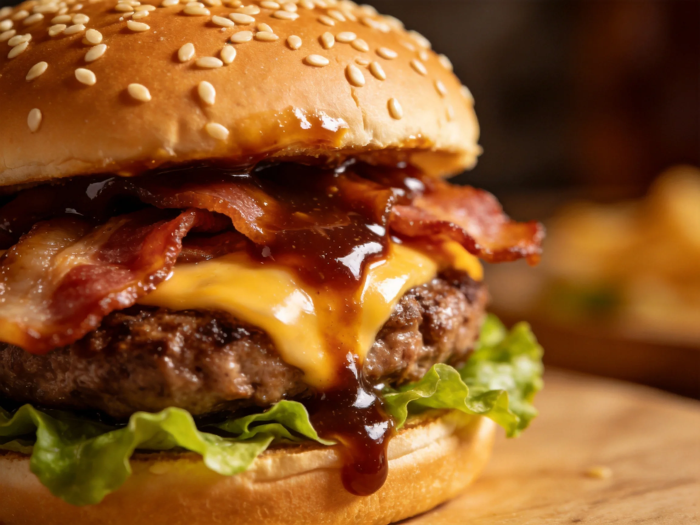 A juicy bacon cheeseburger with sesame seed bun and barbecue sauce