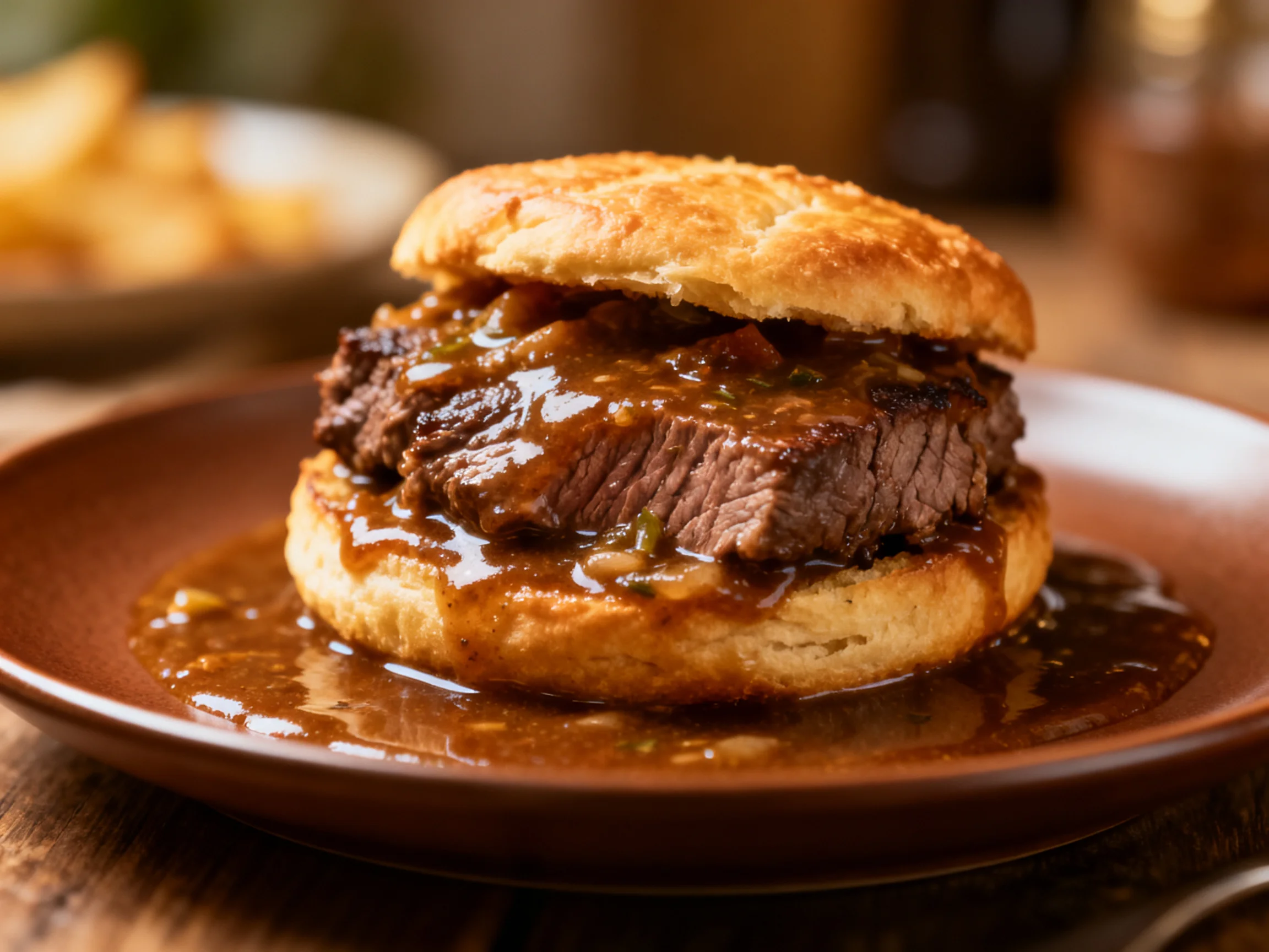 A juicy beef sandwich with rich brown gravy on a golden bun
