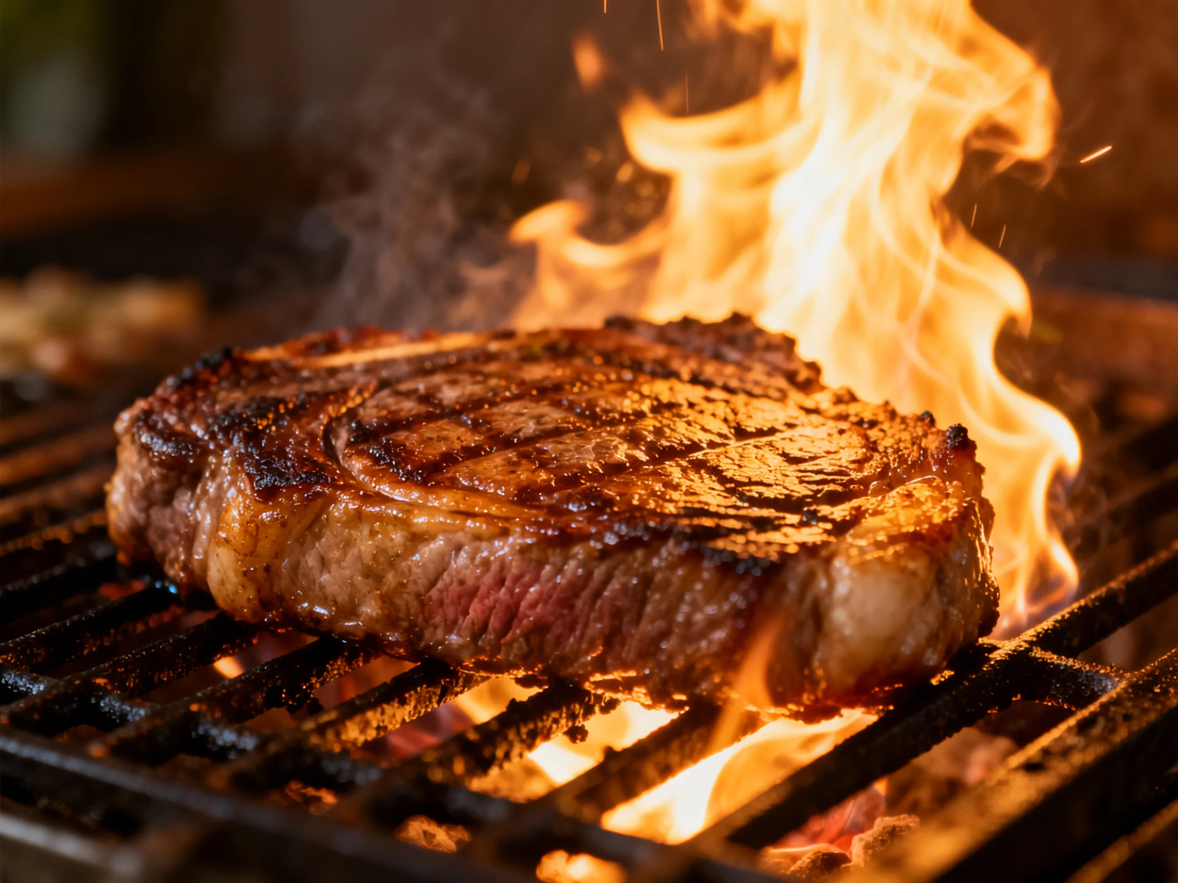 A juicy brown steak grilling over vibrant orange flames