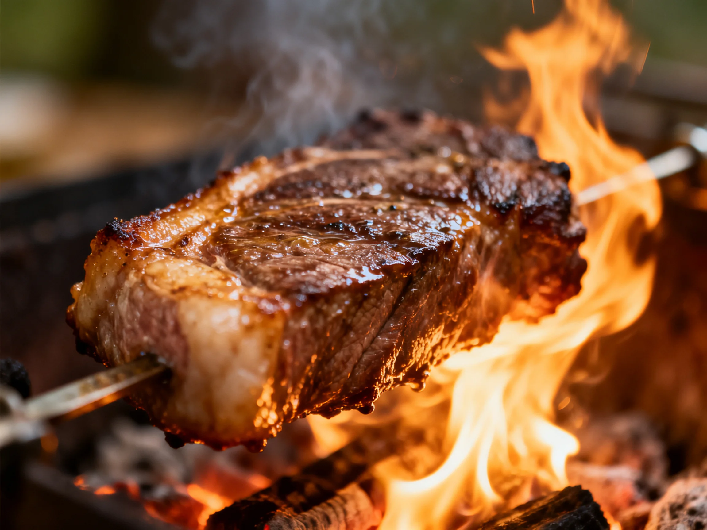 A juicy brown steak roasted on skewers amid bright orange flames
