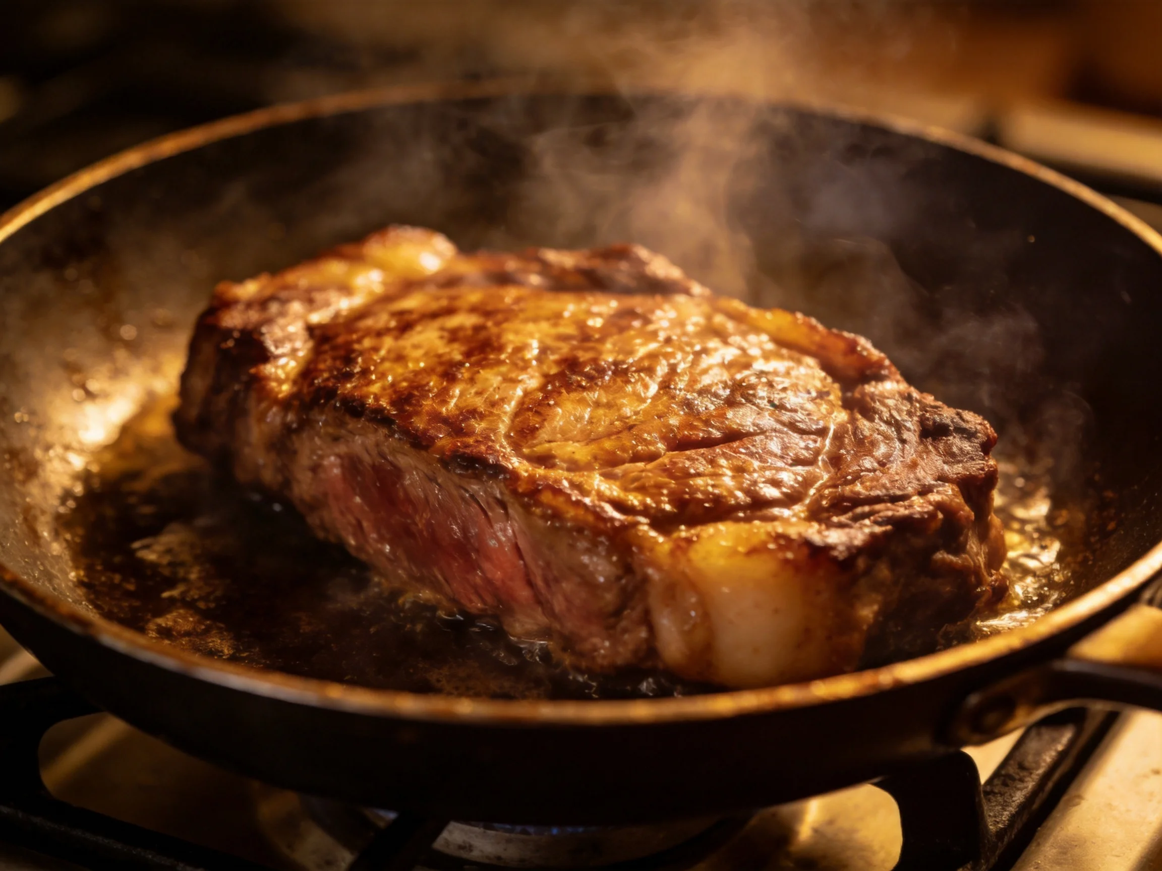 A juicy browned steak cooking in a black cast iron skillet